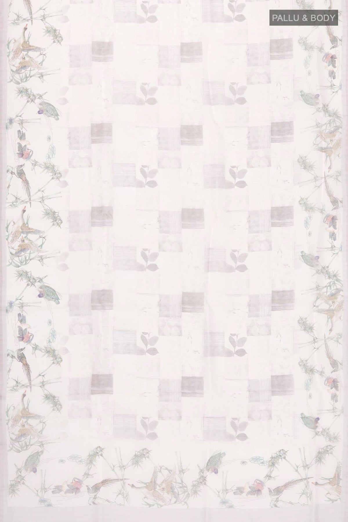 Flat view of Mauve Organza Silk Saree with Printed design on the body and Plain Border
