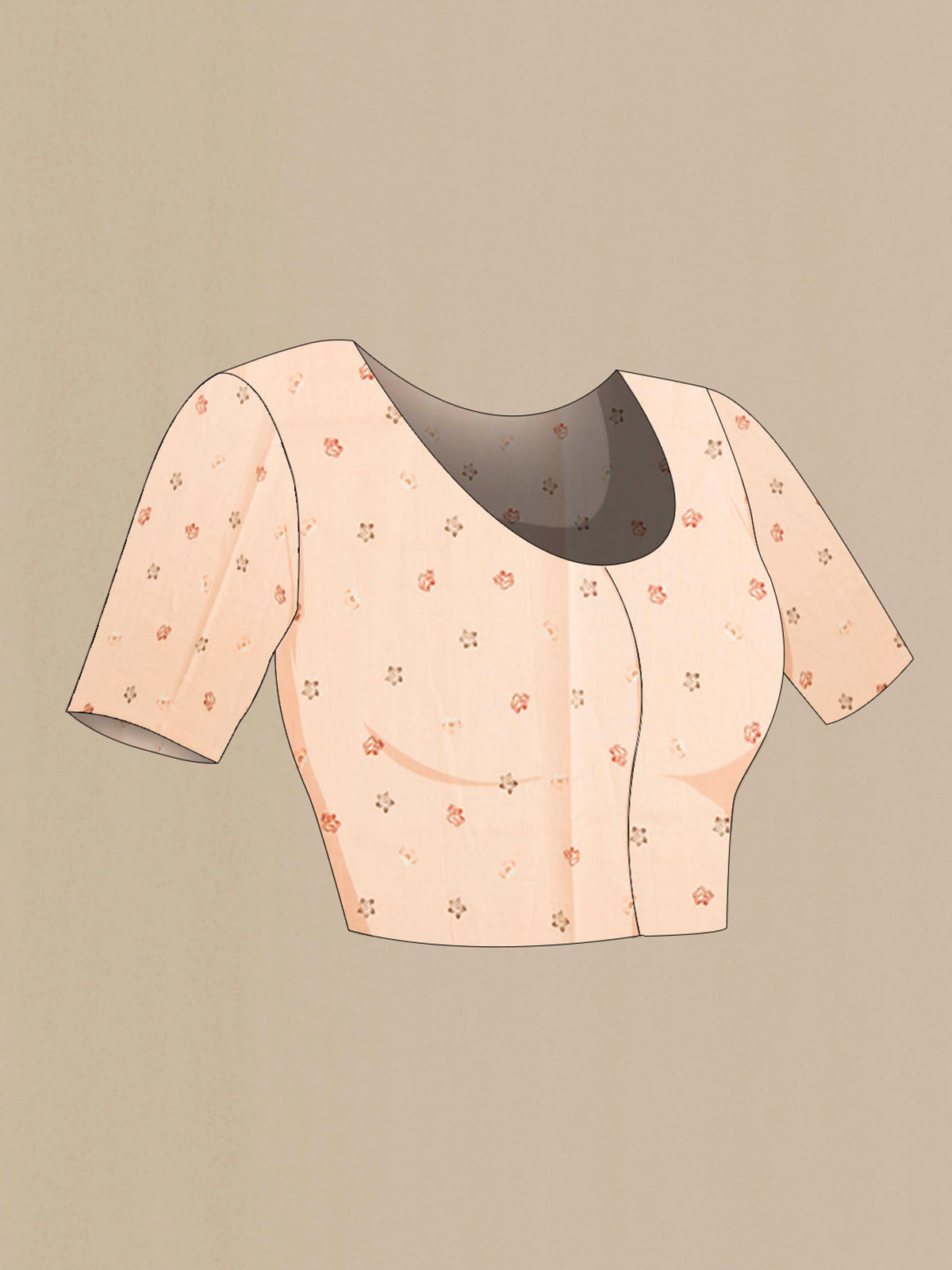 Close up image of the blouse of Peach Organza Silk Saree with Printed design on the body and Without Border