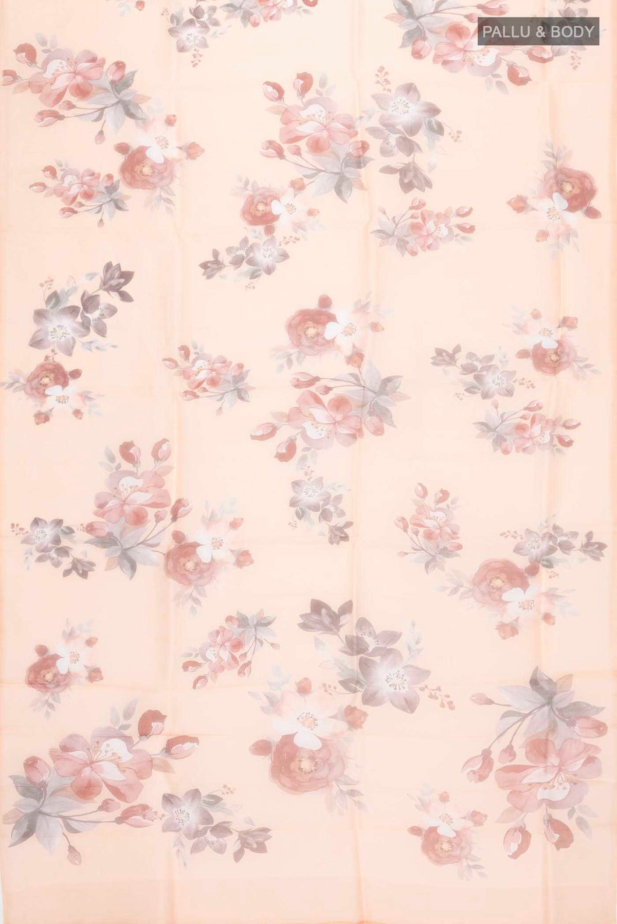 Flat view of Peach Organza Silk Saree with Printed design on the body and Without Border