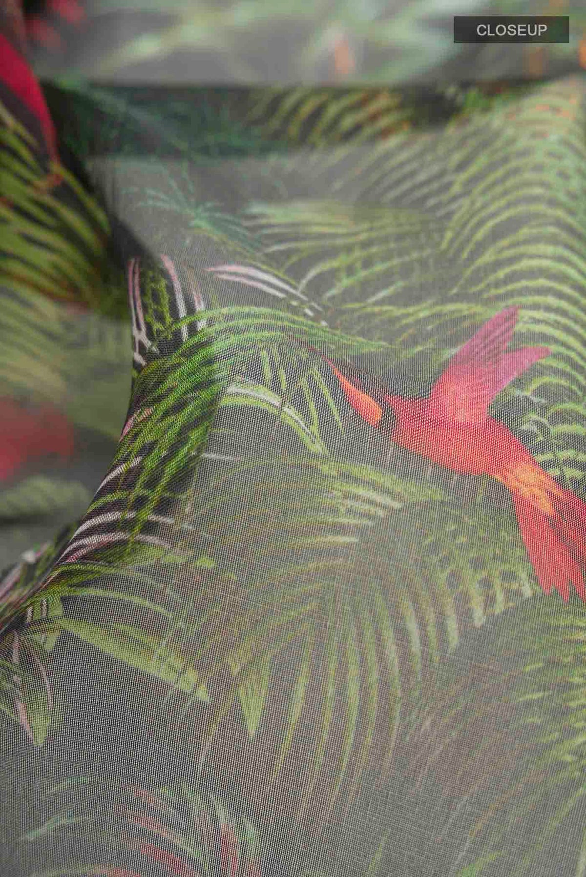 Close up of Green Organza Silk Saree with Printed design on the body and Plain Border displaying folds