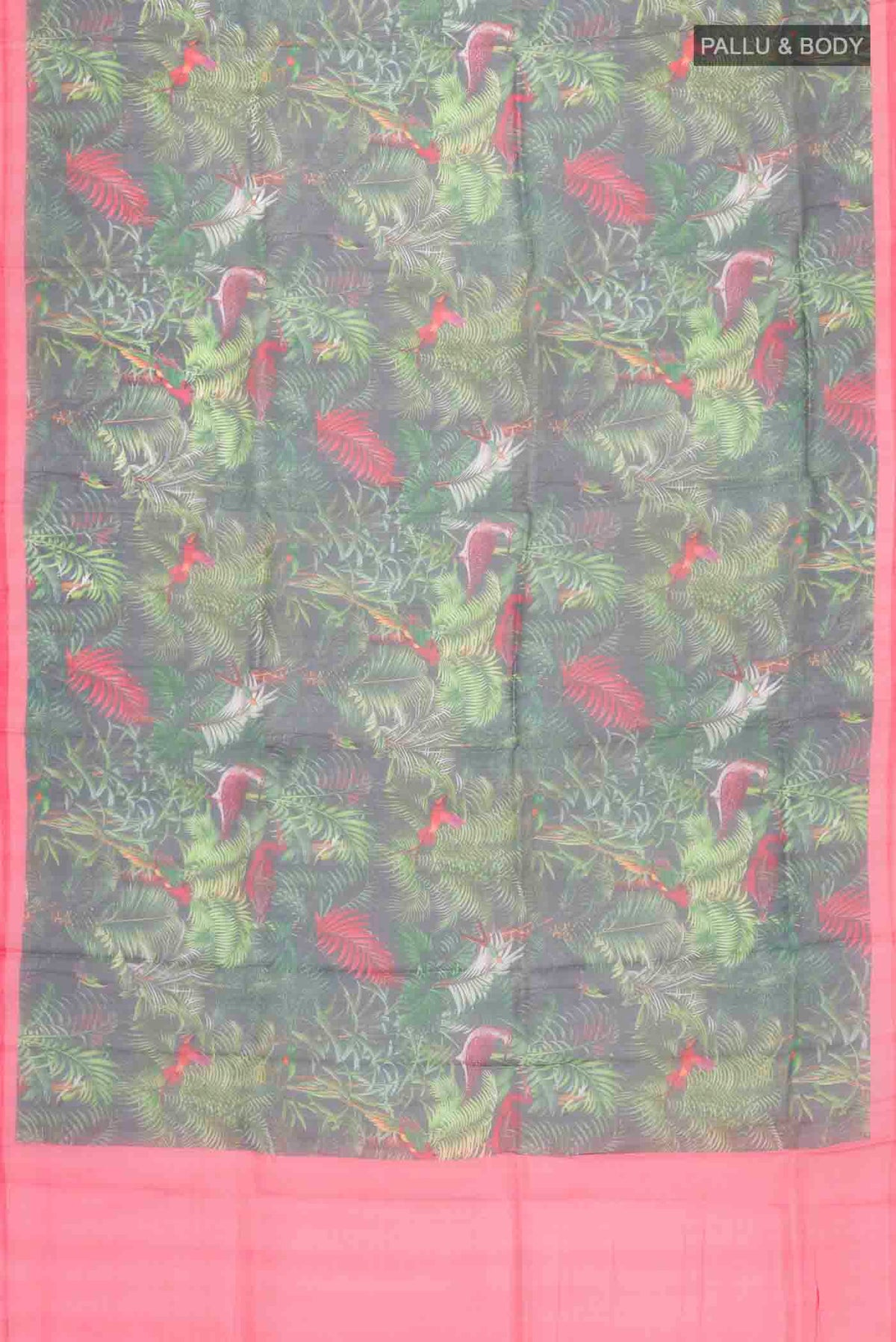 Flat view of Green Organza Silk Saree with Printed design on the body and Plain Border