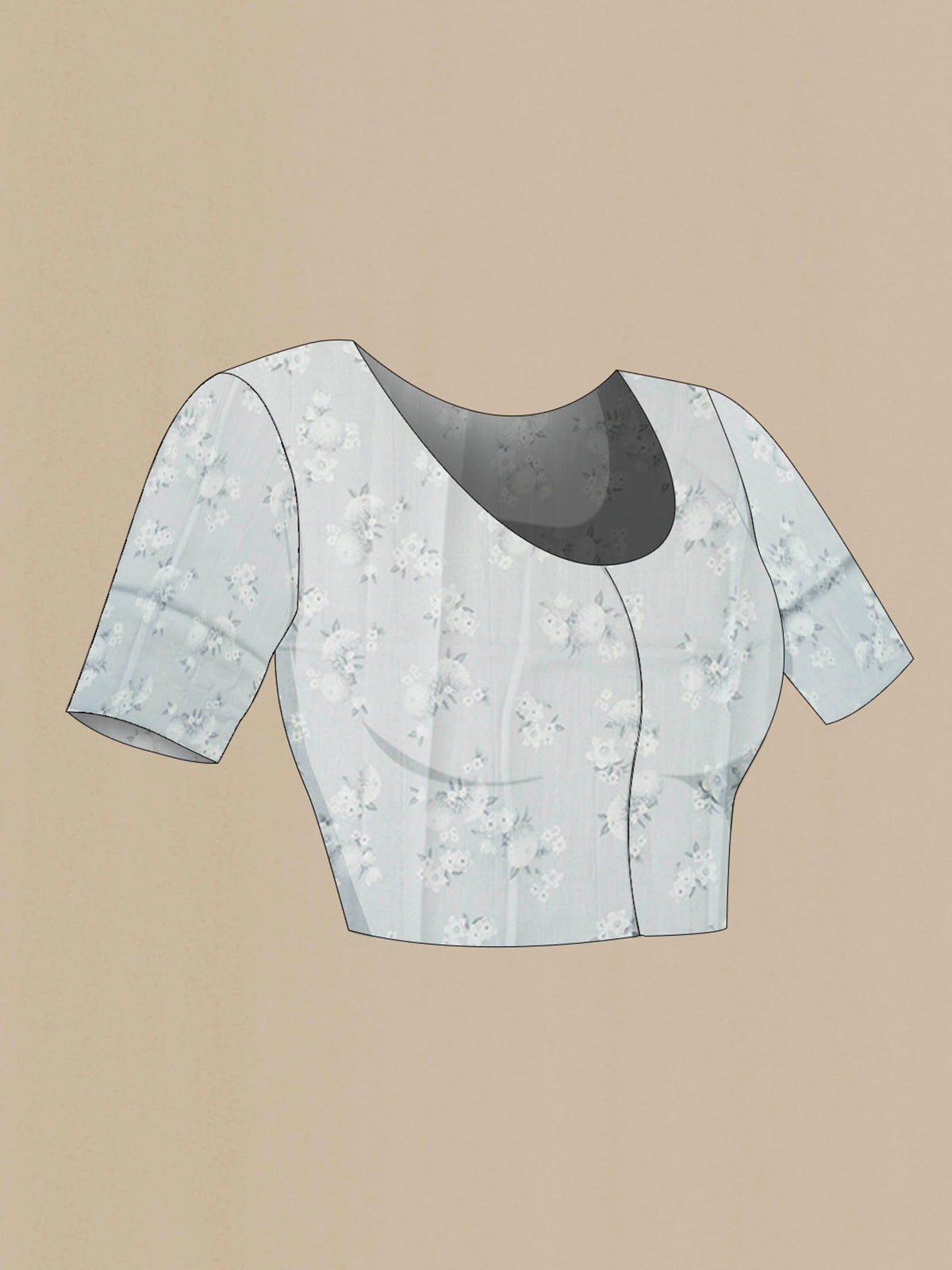 Close up image of the blouse of Grey Organza Silk Saree with Printed design on the body and Zari Border