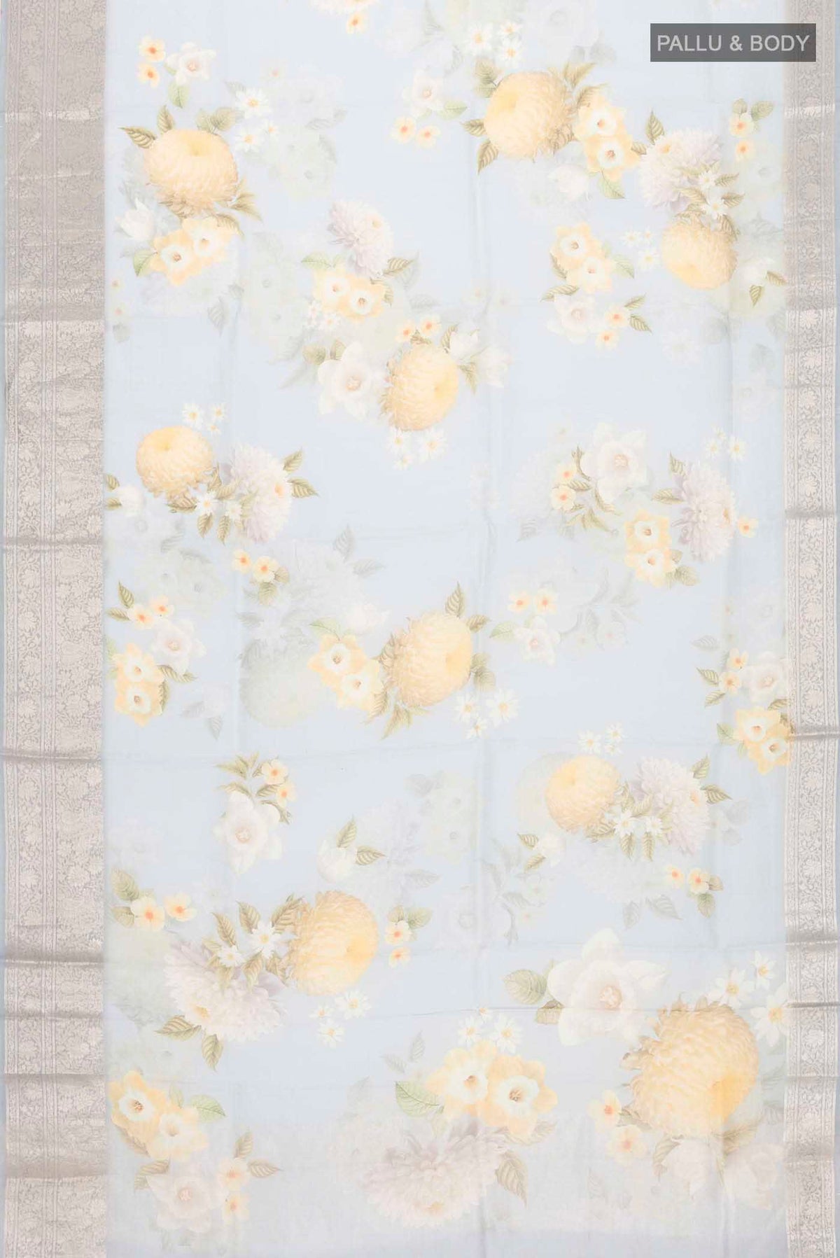 Flat view of Grey Organza Silk Saree with Printed design on the body and Zari Border