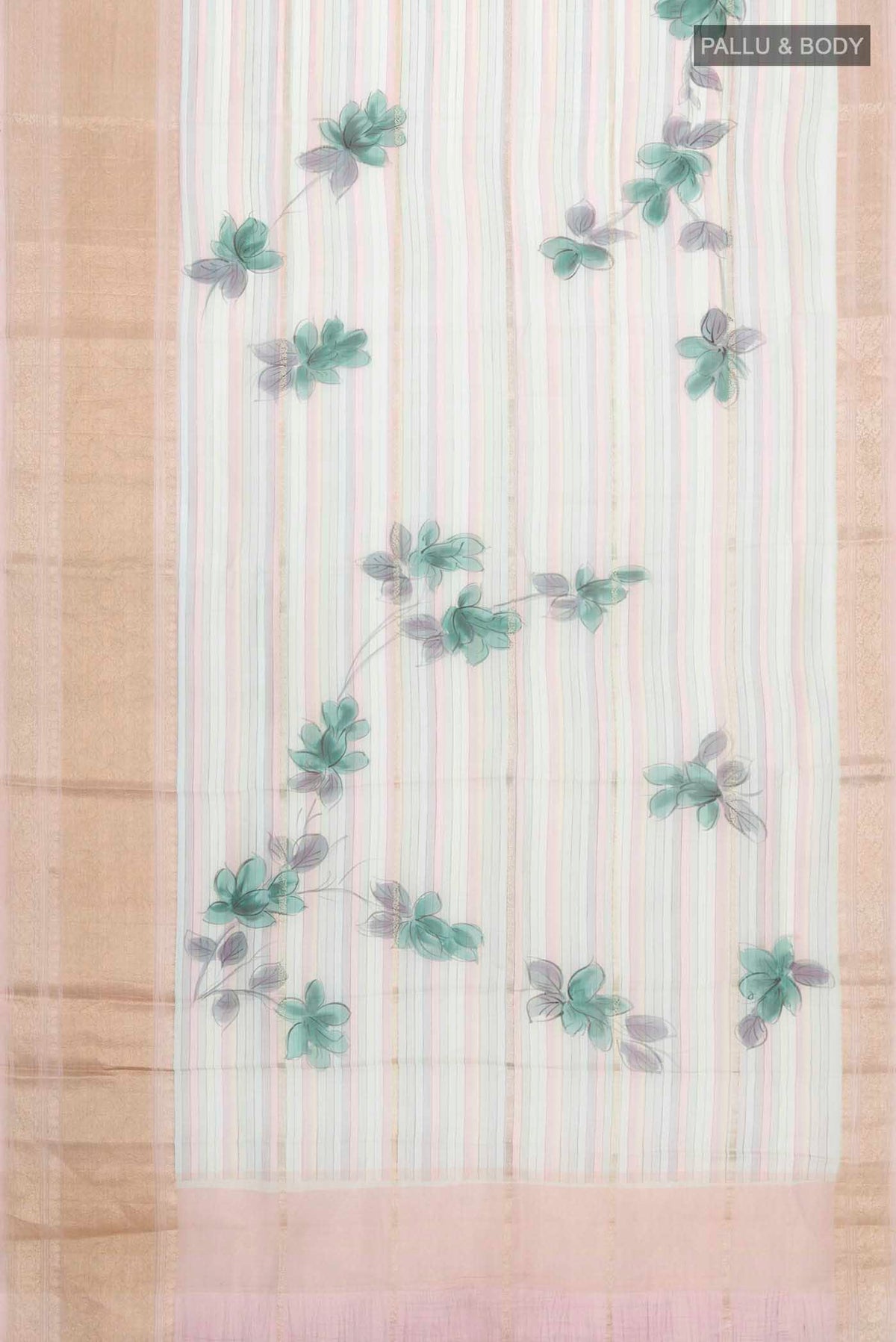 Flat view of Blue Organza Silk Saree with Stripes on the body and Zari Border