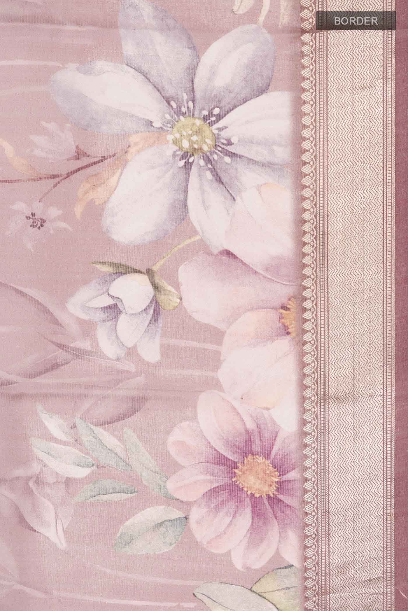 Border image of Mauve Organza Silk Saree with Floral Print on the body and Zari Border