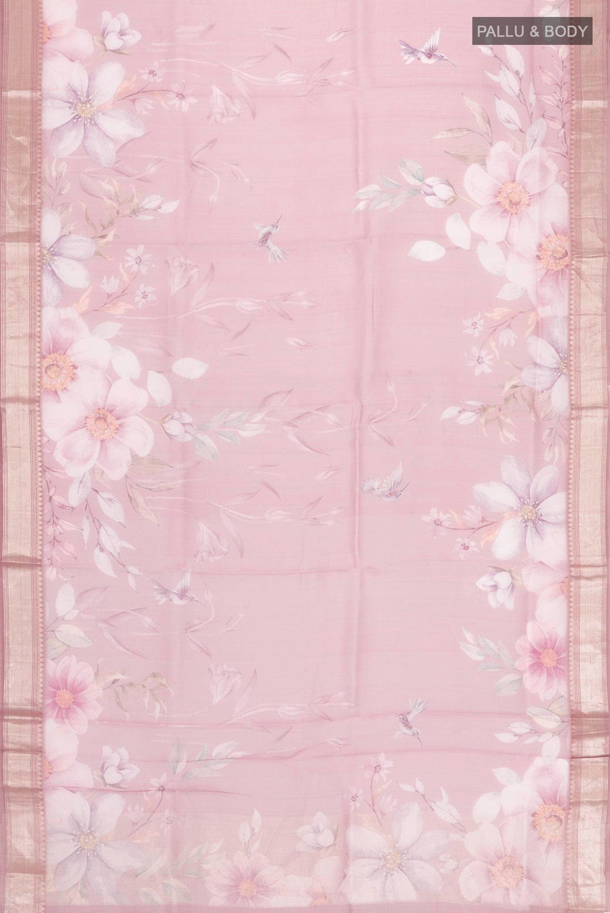 Flat view of Mauve Organza Silk Saree with Floral Print on the body and Zari Border