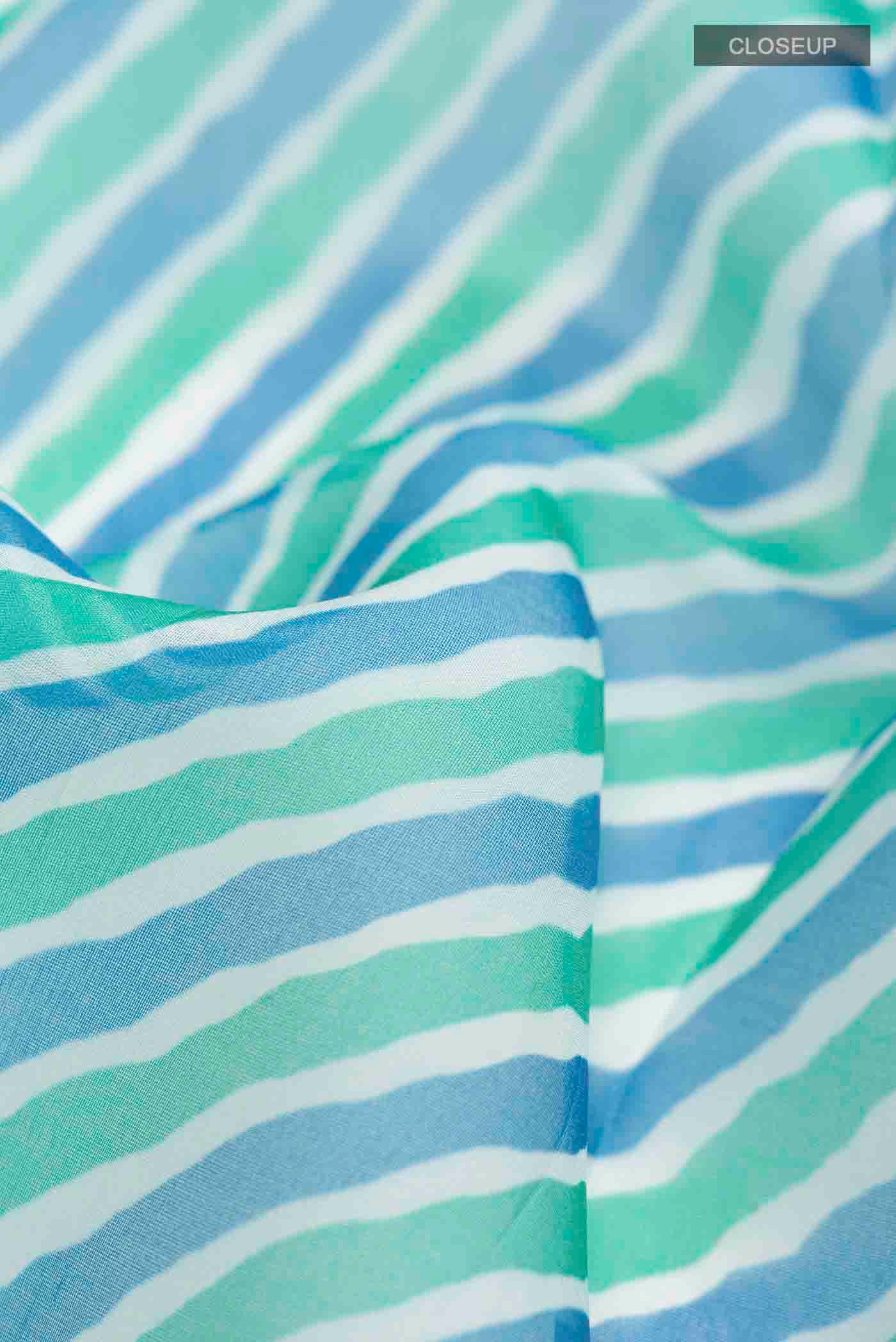 Close up of Multi Color Organza Silk Saree with Printed design on the body and Zari Border displaying folds