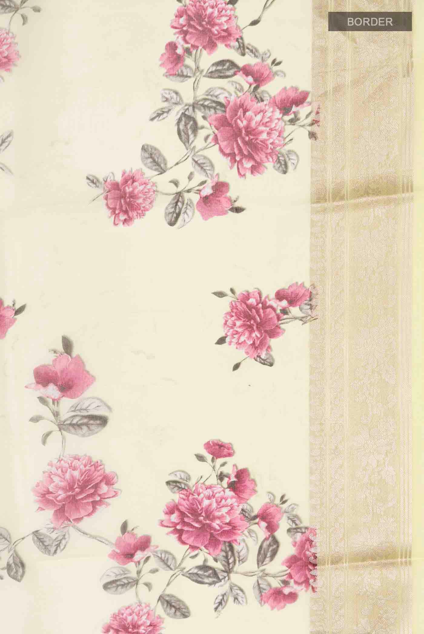 Border image of Yellow Organza Silk Saree with Printed design on the body and Zari Border