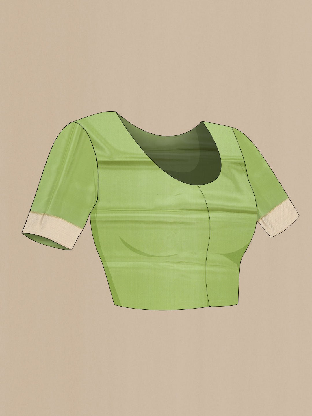 Close up image of the blouse of Offwhite , Green and Beige Color Mysore Silk Saree with Stripes on the body and Zari Border. 