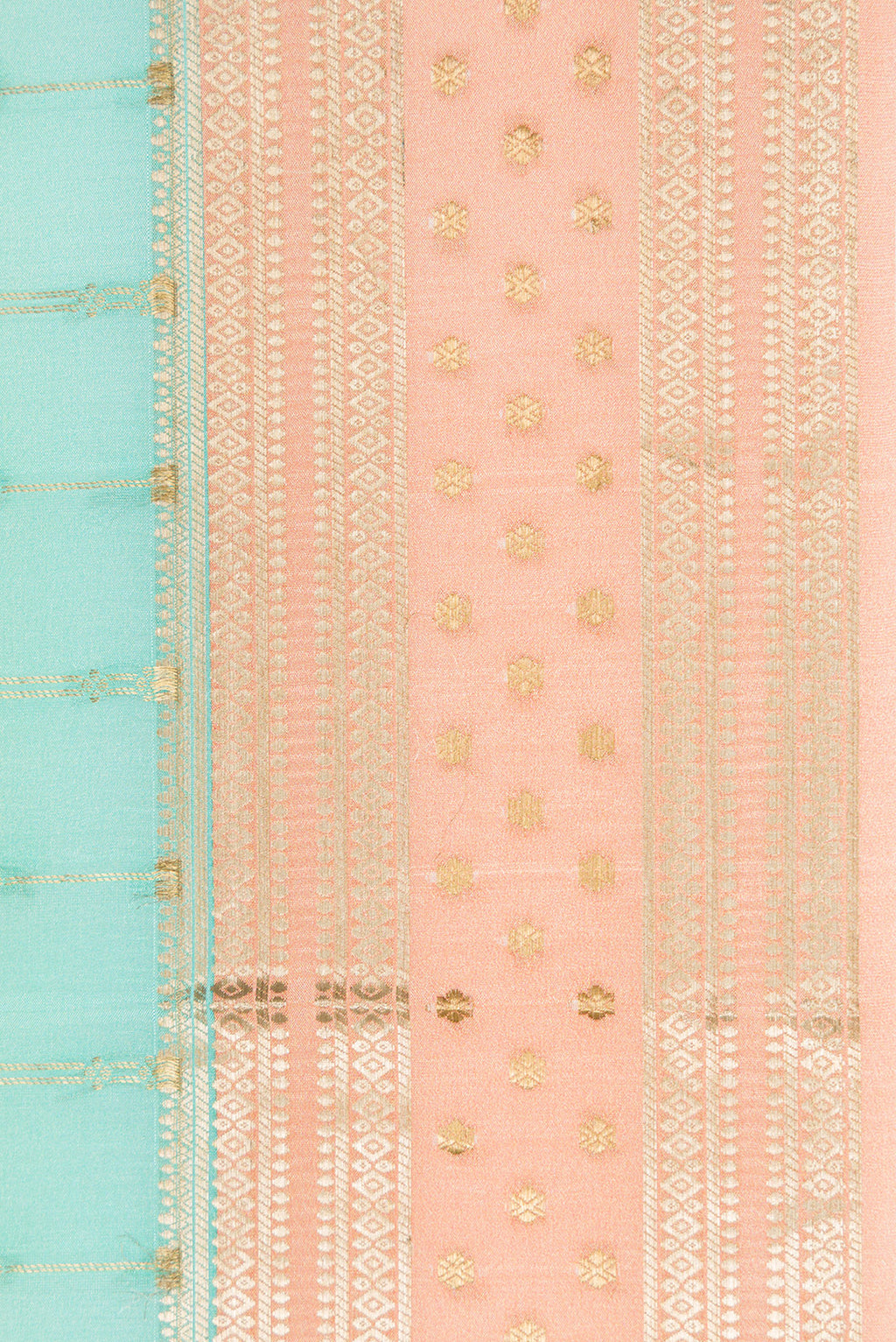Border image of Pink, Sea Green and Peach Color Mysore Silk Saree with Stripes on the body and Zari Border. 