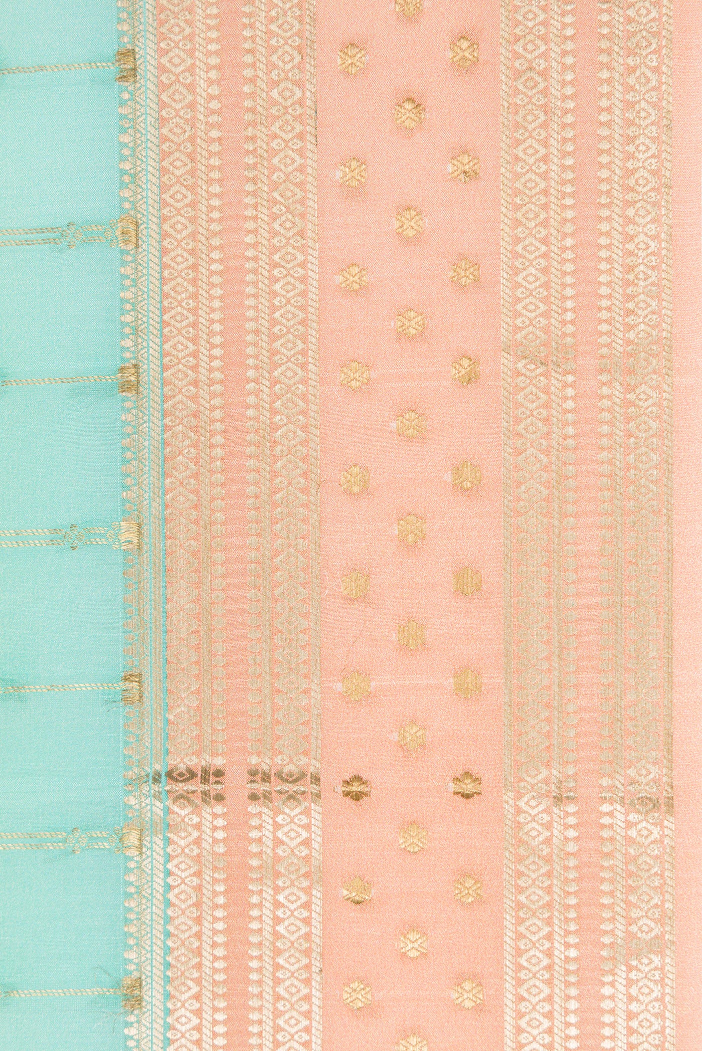 Border image of Pink, Sea Green and Peach Color Mysore Silk Saree with Stripes on the body and Zari Border. 