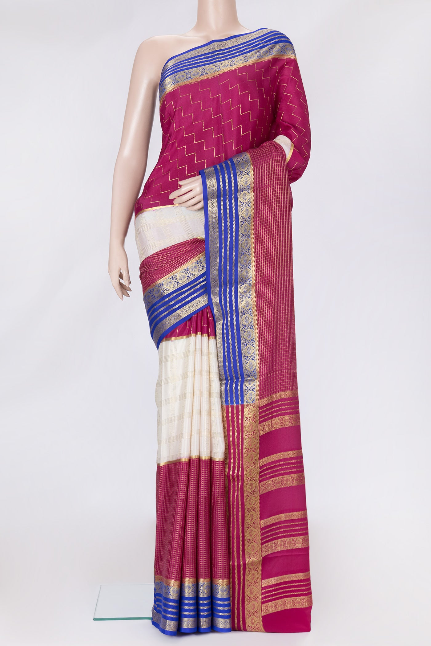 Pink and Off White Color Mysore Silk Saree with Checked design on the body and Zari Border.  displayed on a mannequin