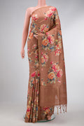Brown Dual Tone Tussar Silk Saree with Printed design on the body and Thin Zari Line.  displayed on a mannequin