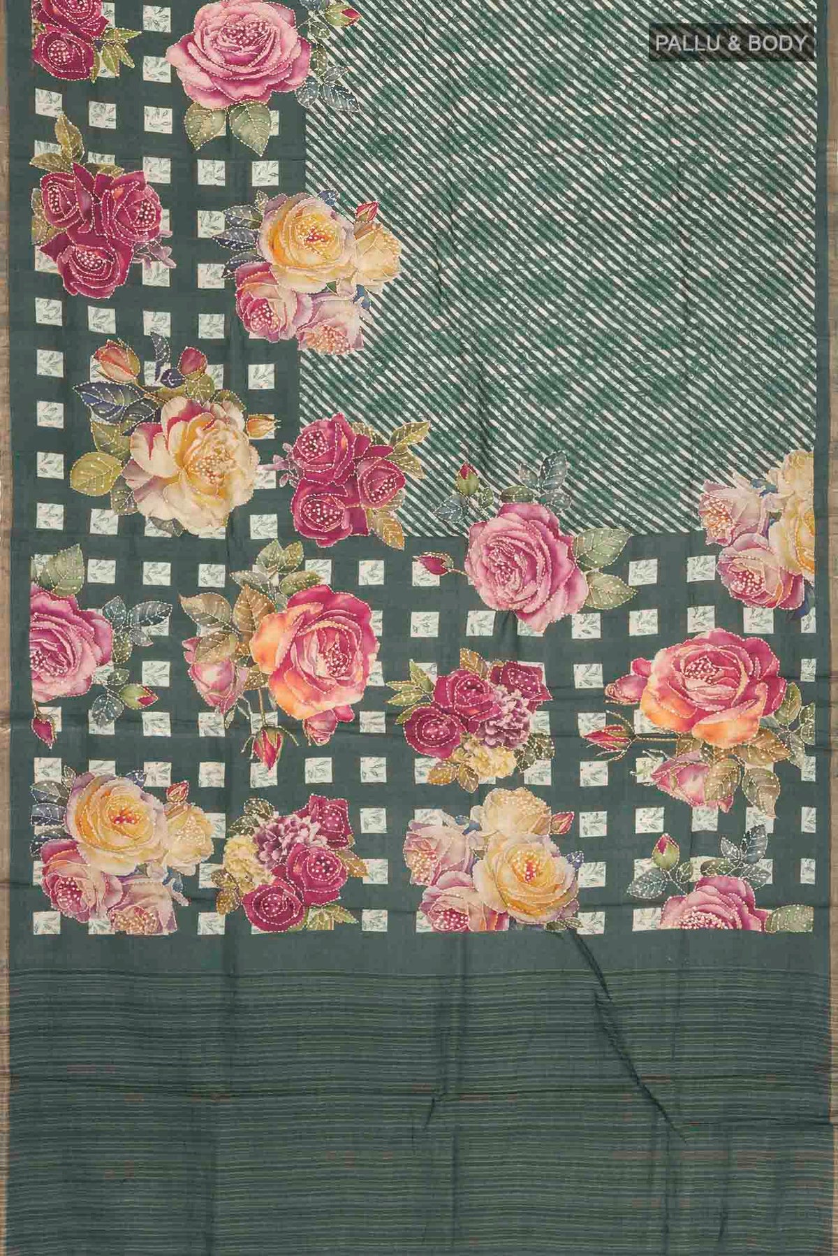 Flat view of Green Tussar Silk Saree with Embroidery on the body and Zari And Thread Border