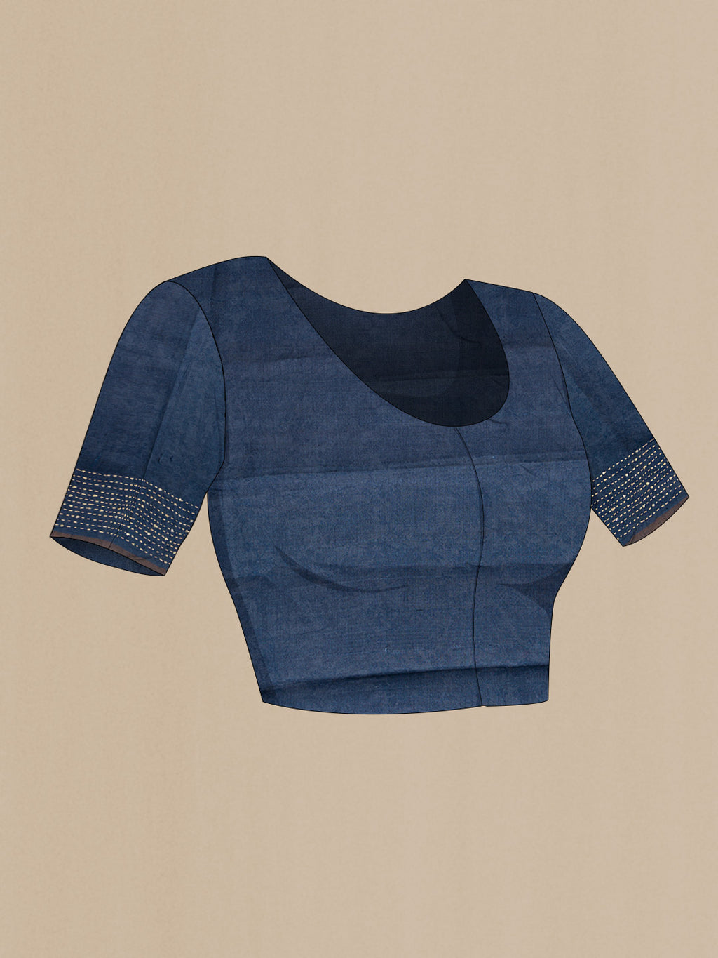 Close up image of the blouse of Navy Blue Dual Tone Tussar Silk Saree with Printed design on the body and Embroidery Border