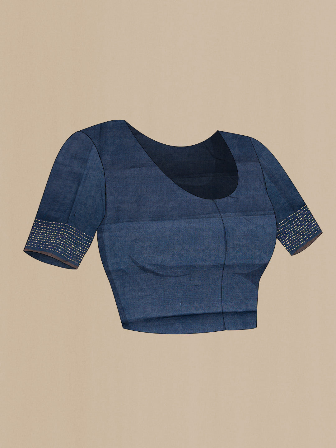 Close up image of the blouse of Navy Blue Dual Tone Tussar Silk Saree with Printed design on the body and Embroidery Border