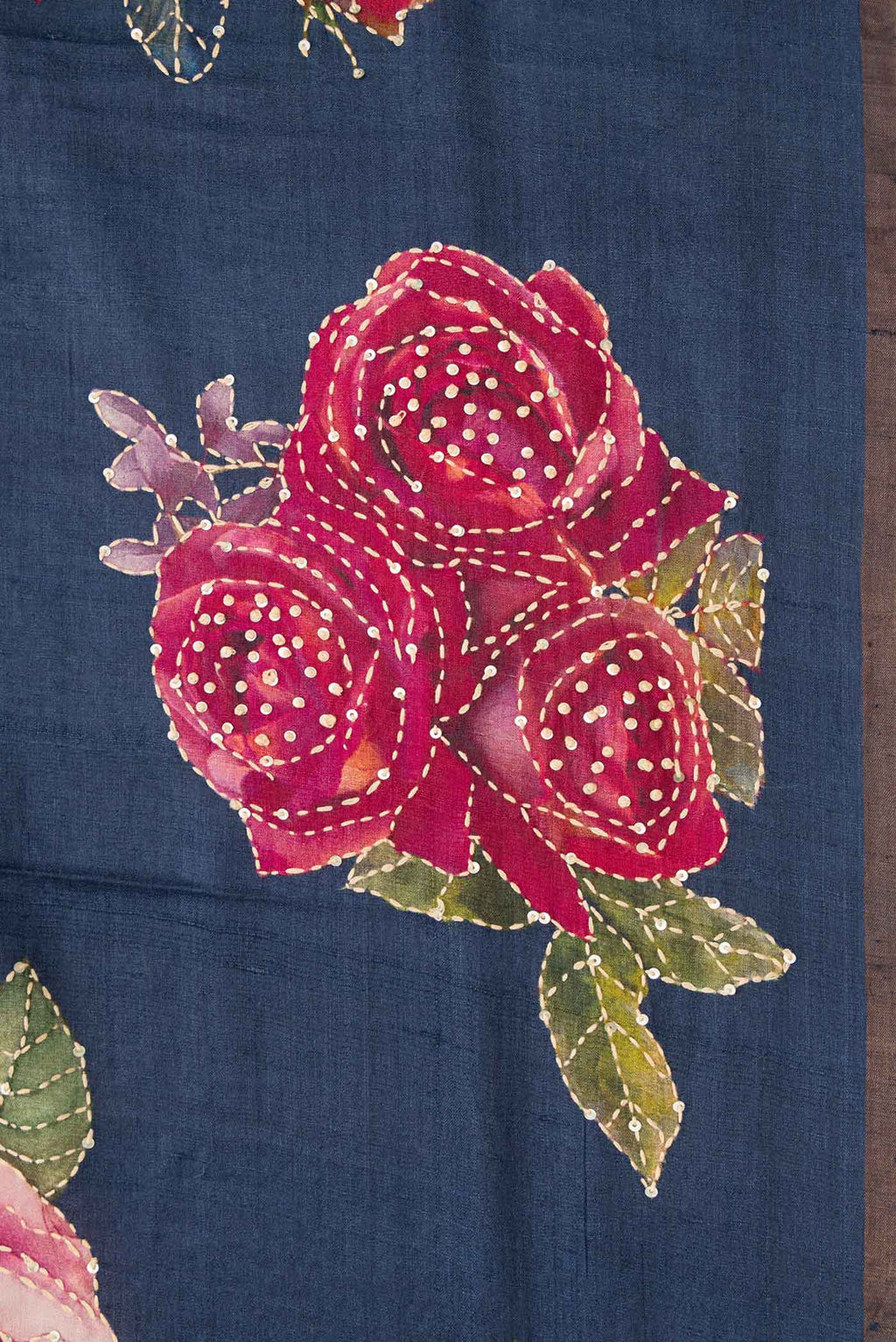 Border image of Navy Blue Dual Tone Tussar Silk Saree with Printed design on the body and Embroidery Border