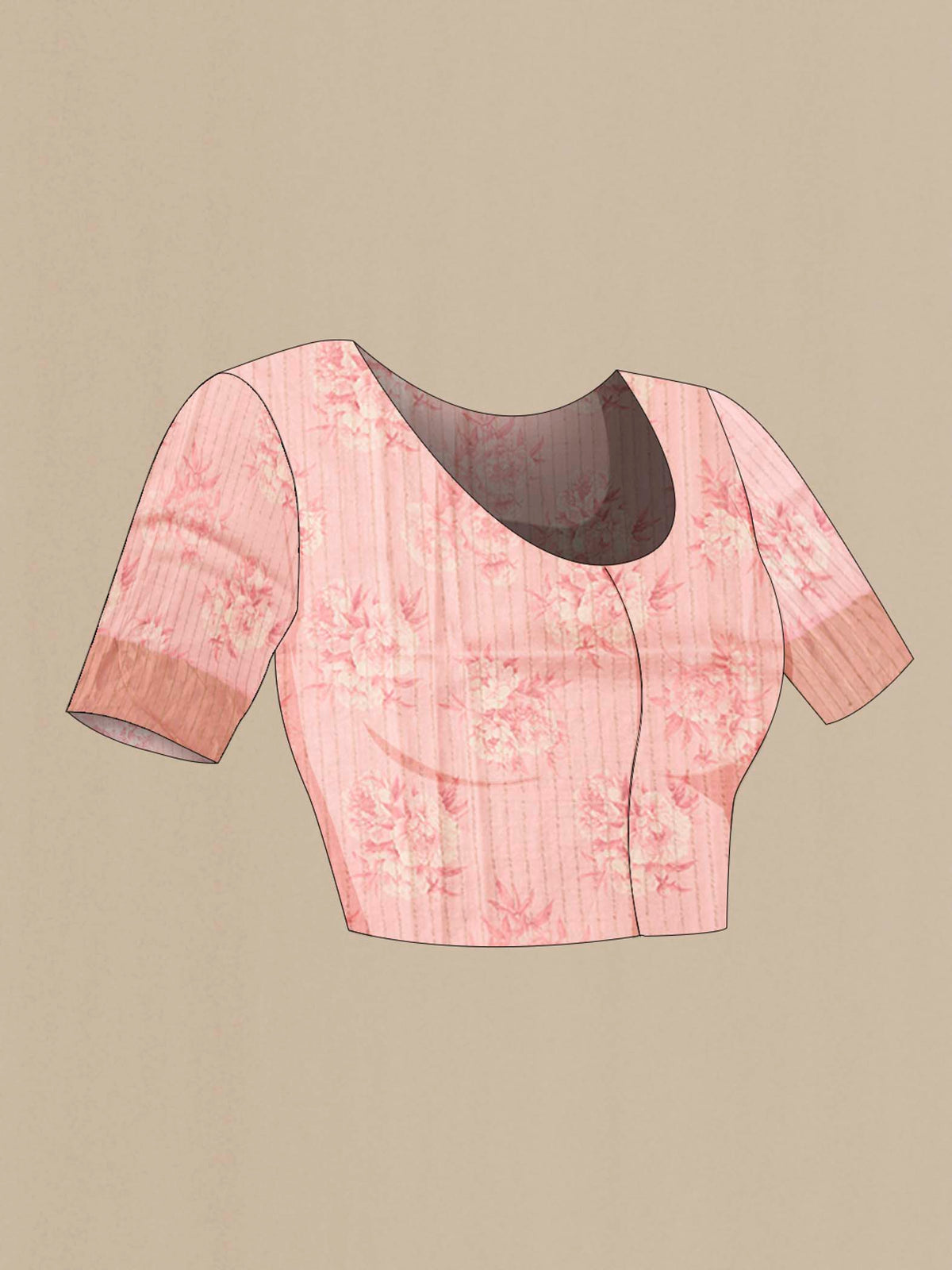 Close up image of the blouse of Rose pink Bhagalpuri Tussar Silk Saree with Embroidery on the body and Zari Border