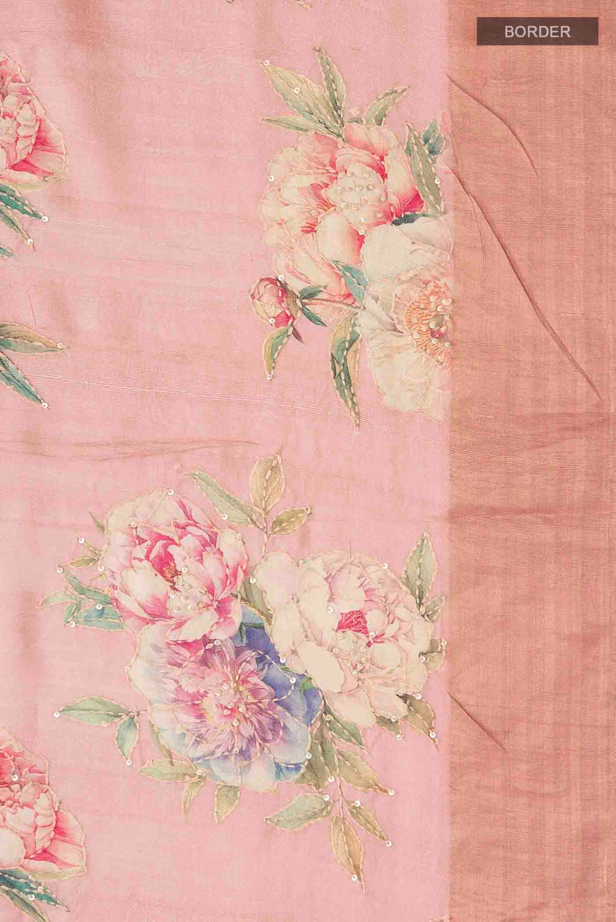 Border image of Rose pink Bhagalpuri Tussar Silk Saree with Embroidery on the body and Zari Border