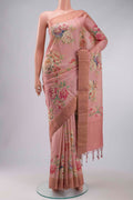 Rose pink Bhagalpuri Tussar Silk Saree with Embroidery on the body and Zari Border displayed on a mannequin