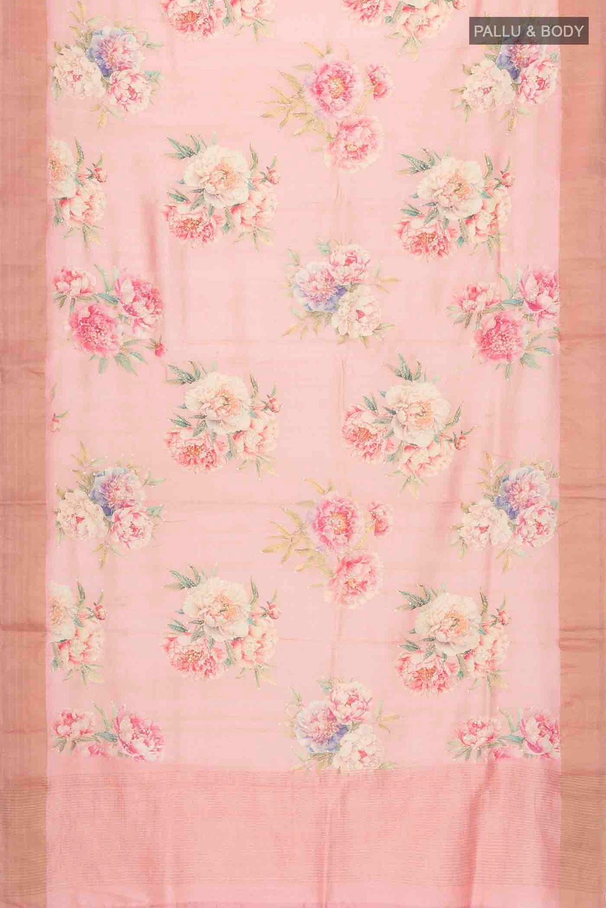 Flat view of Rose pink Bhagalpuri Tussar Silk Saree with Embroidery on the body and Zari Border