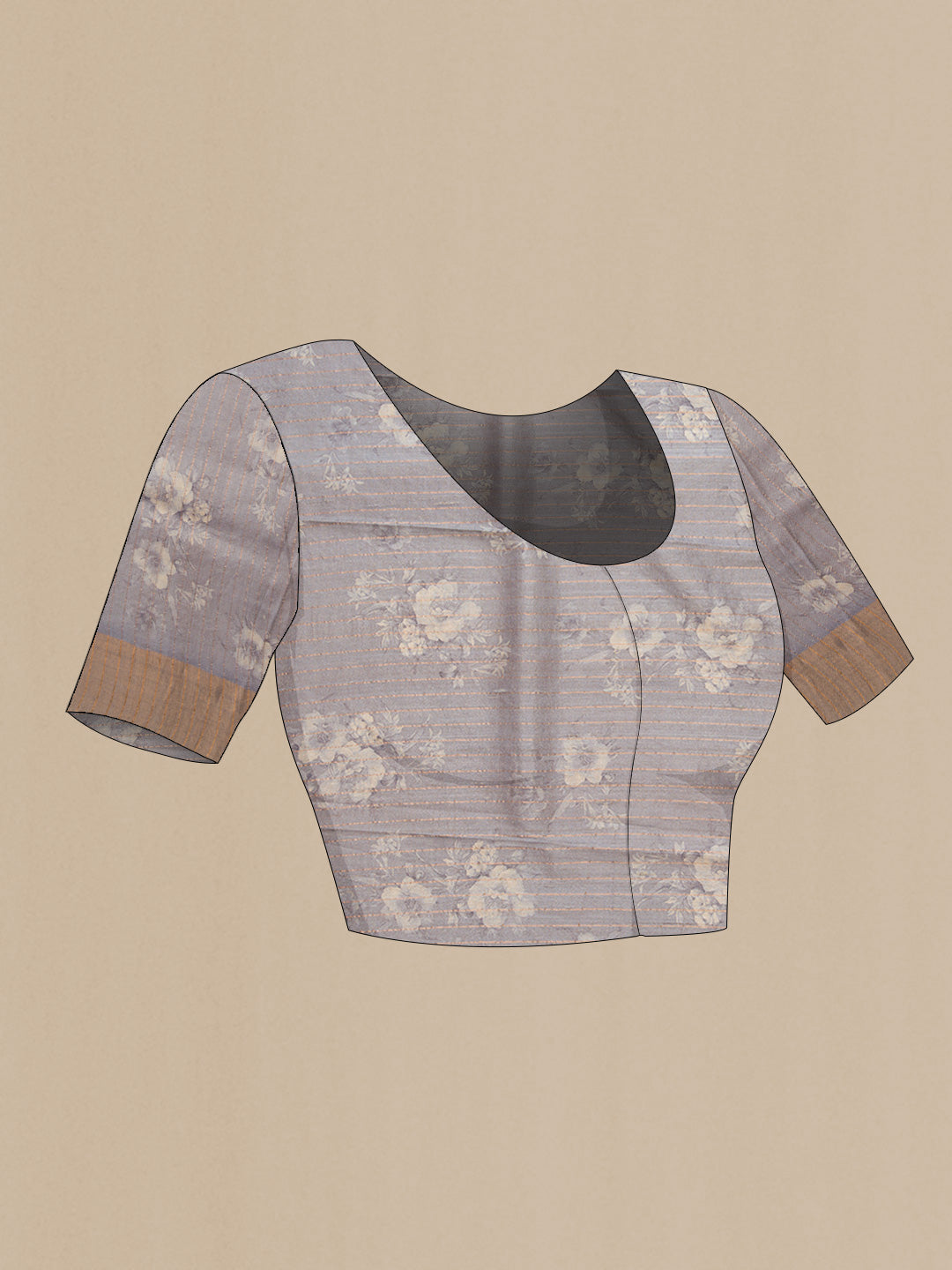 Close up image of the blouse of Grey Dual Tone Tussar Silk Saree with Embroidery on the body and Zari Border