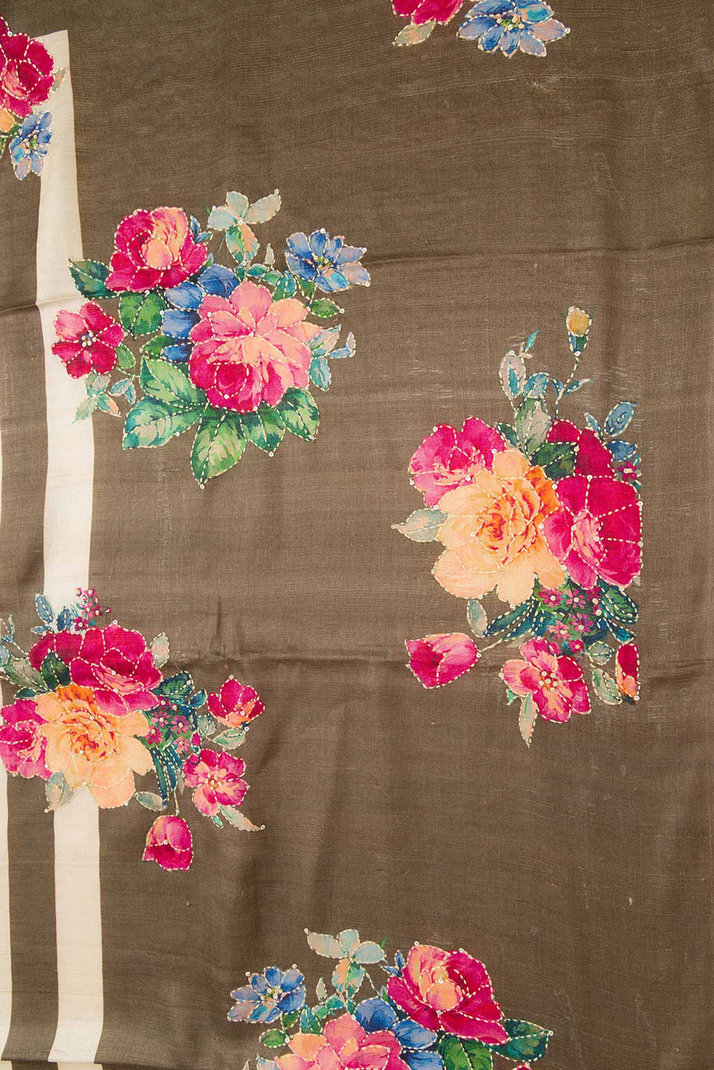 Border image of Dark Beige and Sandal Color Tussar Silk Saree with Printed design on the body and Fancy Border