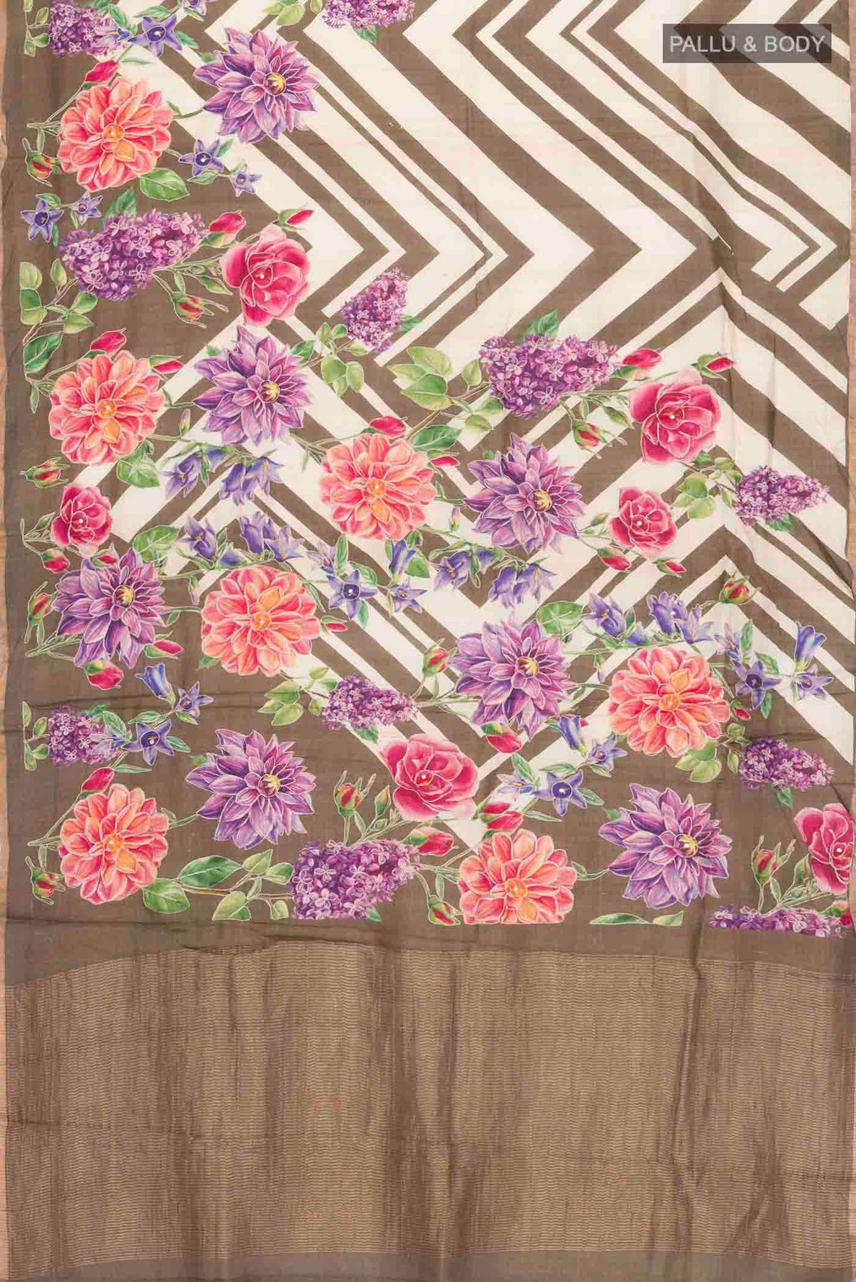 Flat view of Brown Bhagalpuri Tussar Silk Saree with Embroidery on the body and Zari Border