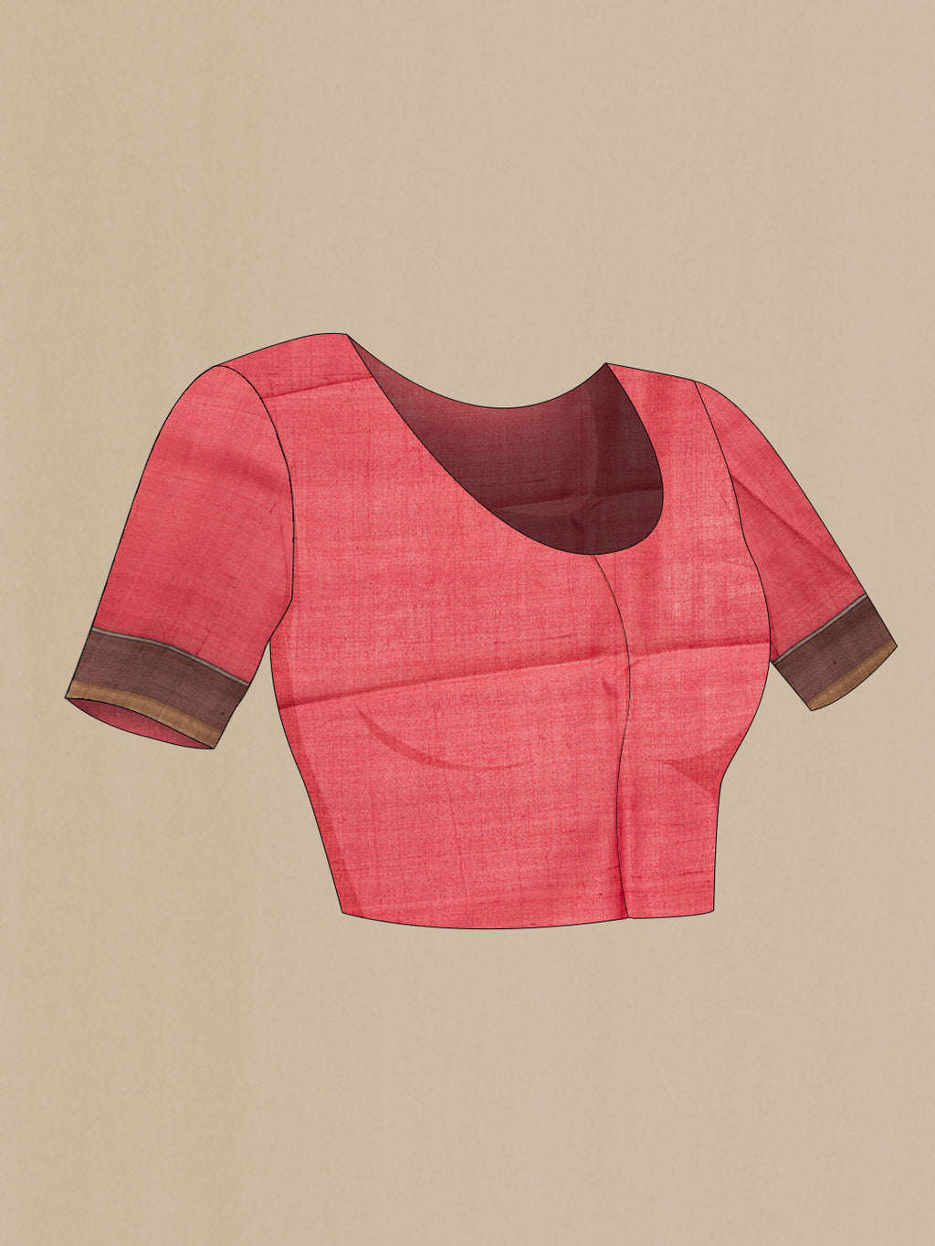 Close up image of the blouse of Maroon,Brown and Black Color Tussar Silk Saree with Printed design on the body and Embroidery Border. 