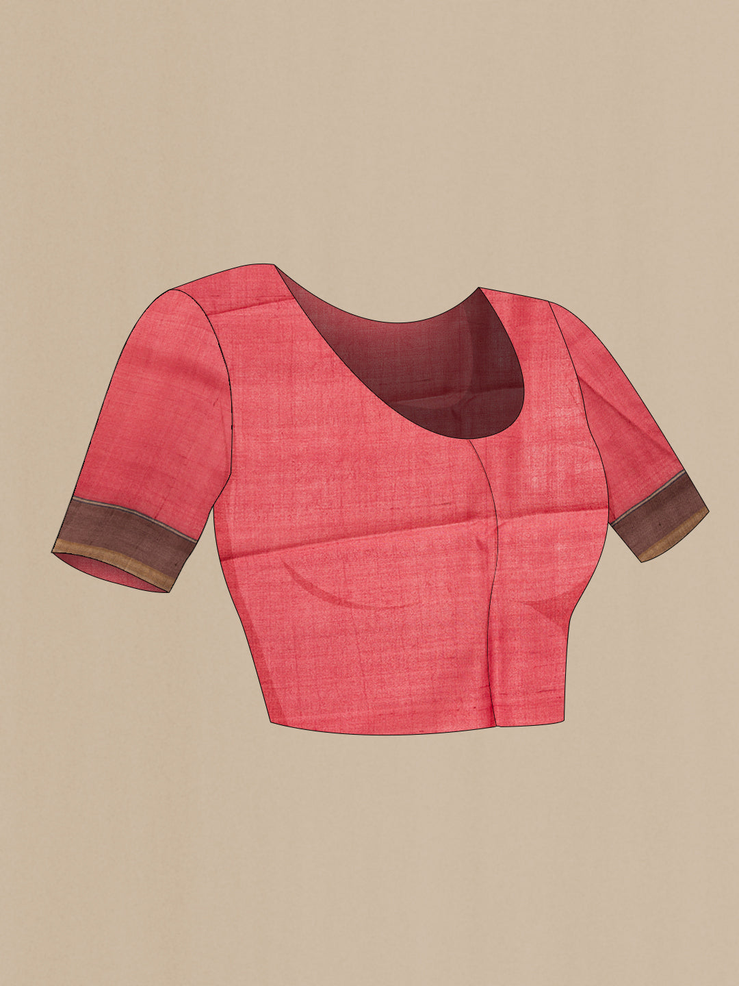 Close up image of the blouse of Maroon,Brown and Black Color Tussar Silk Saree with Printed design on the body and Embroidery Border. 