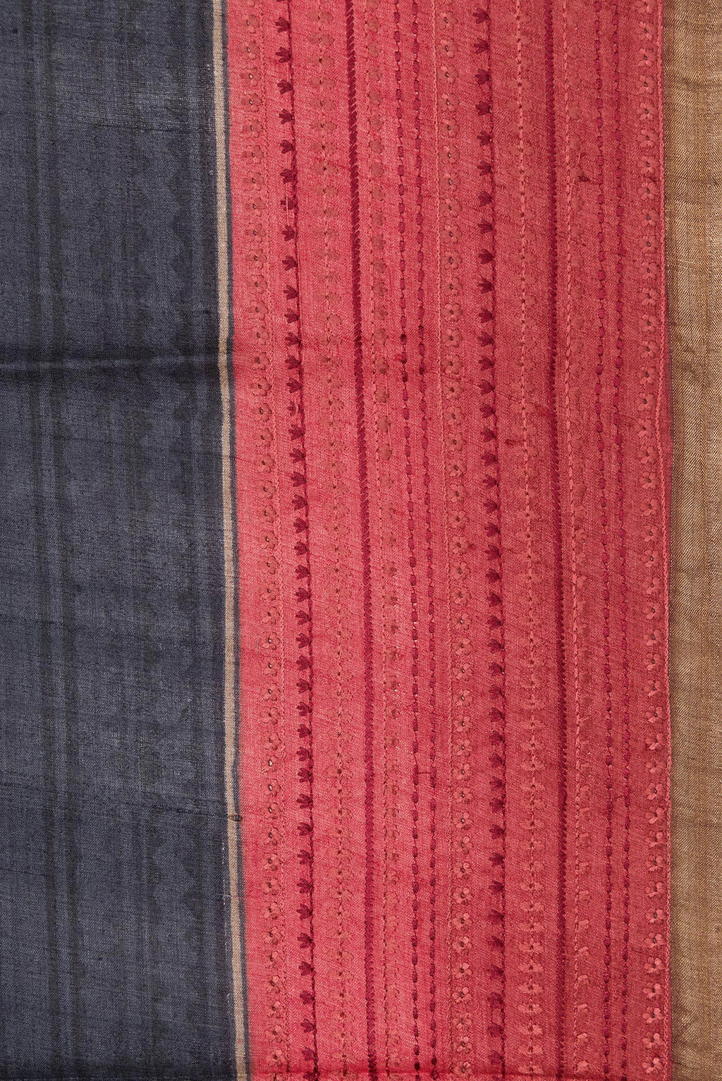 Border image of Maroon,Brown and Black Color Tussar Silk Saree with Printed design on the body and Embroidery Border. 