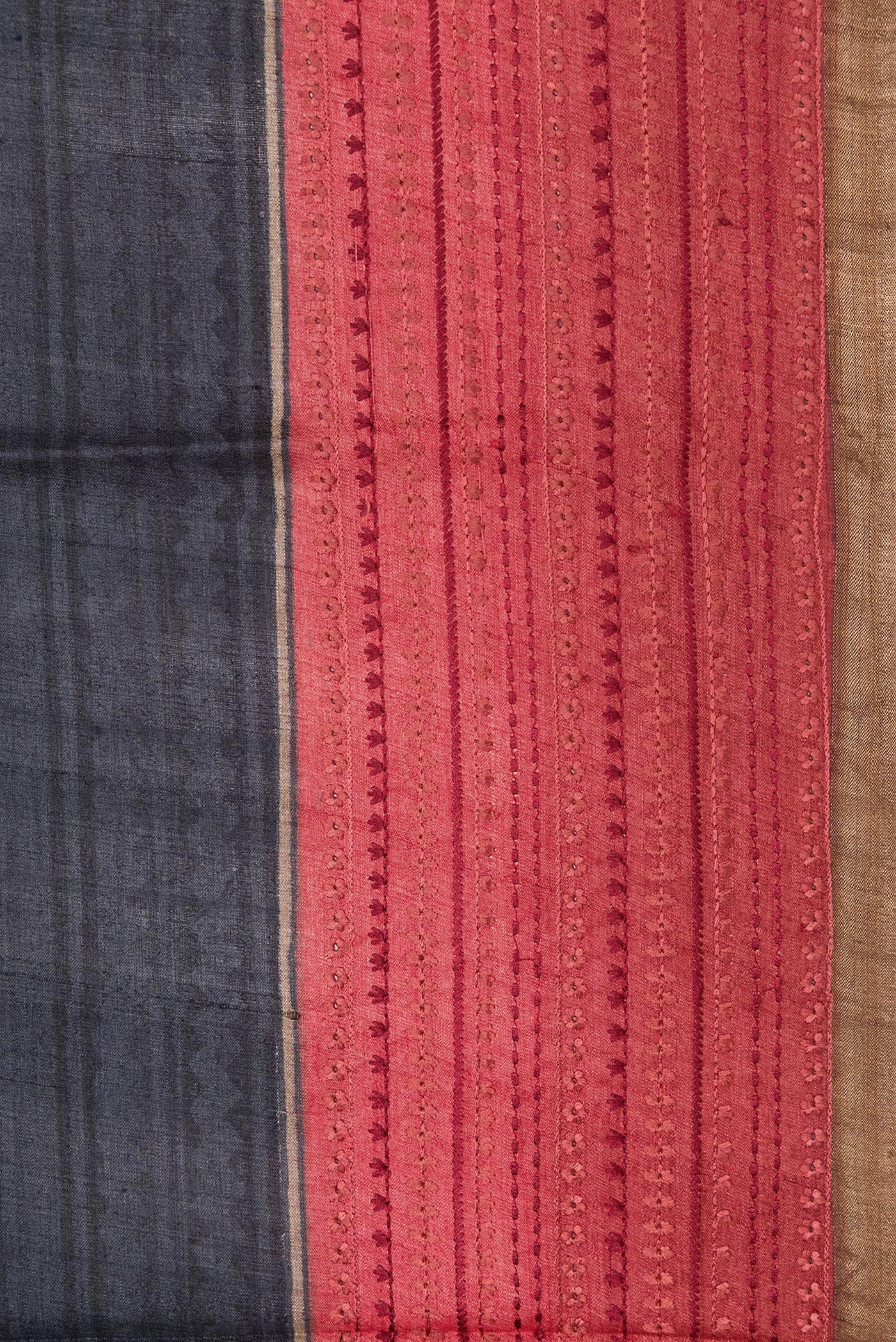 Border image of Maroon,Brown and Black Color Tussar Silk Saree with Printed design on the body and Embroidery Border. 