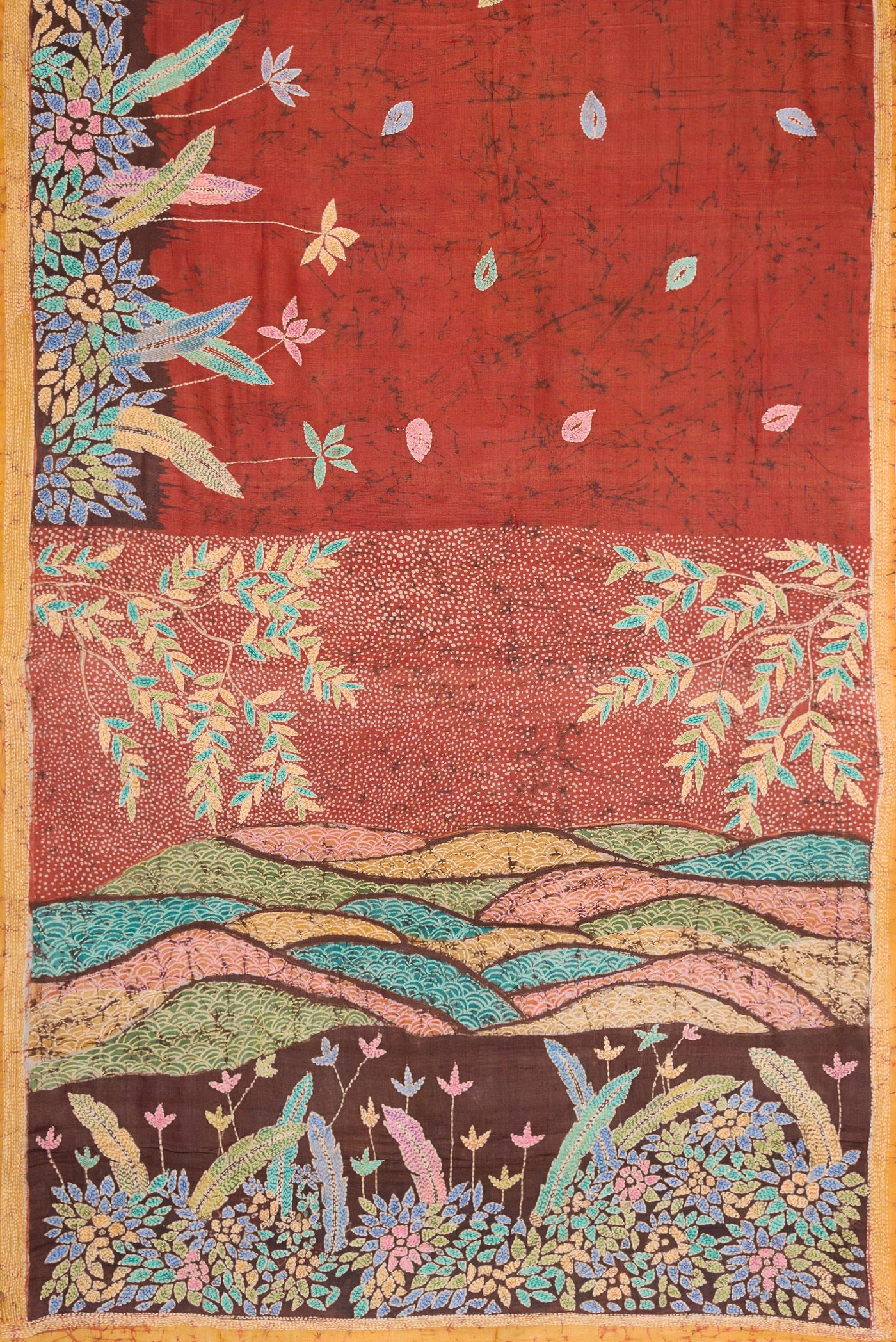 Flat view of Brown Dual Tone Tussar Silk Saree with Embroidery on the body and Embroidery Border. 