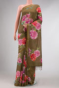 Mehandi Green Dual Tone Tussar Silk Saree with Printed design on the body and Zari Border displayed on a mannequin