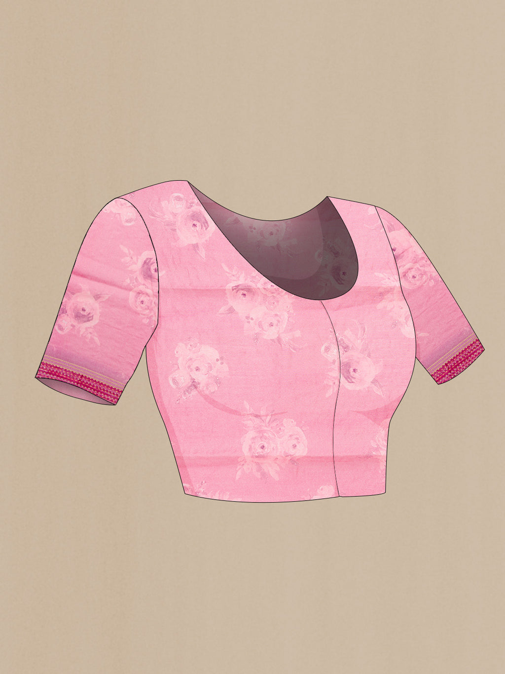 Close up image of the blouse of Pink Dual Tone Tussar Silk Saree with Printed design on the body and Zari Border