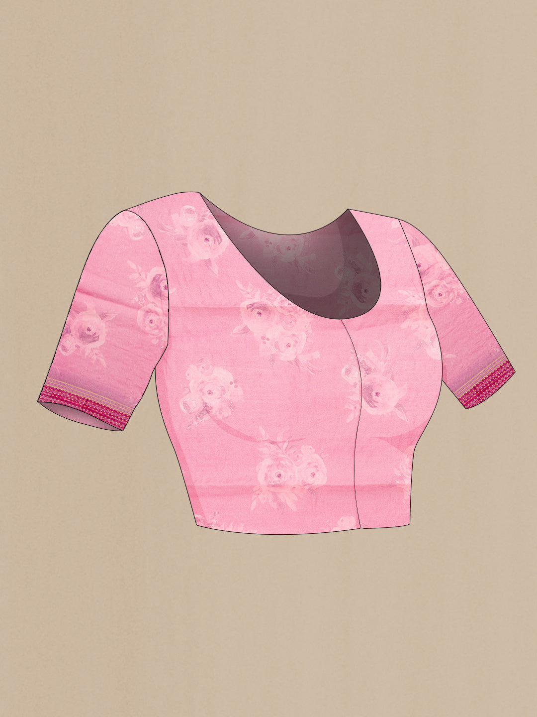 Close up image of the blouse of Pink Dual Tone Tussar Silk Saree with Printed design on the body and Zari Border