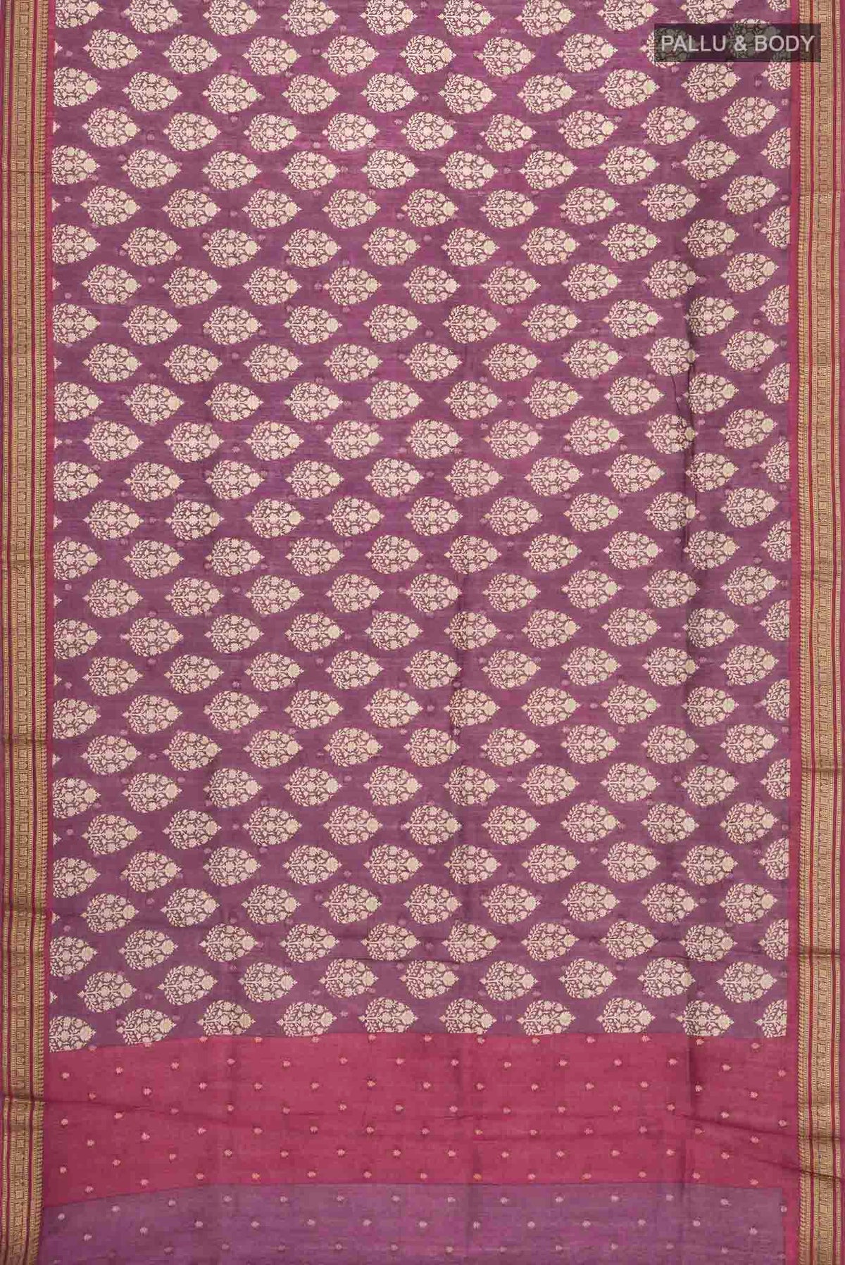 Flat view of Mauve Tussar Silk Saree with Printed design on the body and Zari Border