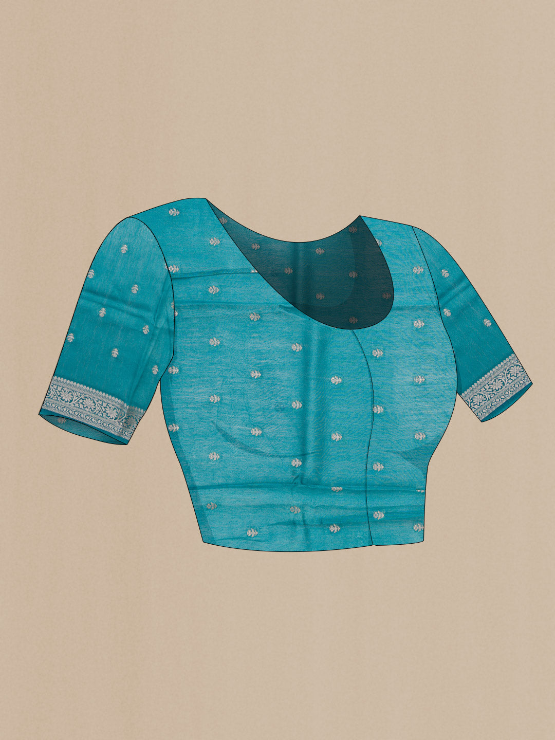 Close up image of the blouse of Davys Grey Dual Tone Tussar Silk Saree with Printed design on the body and Zari Border