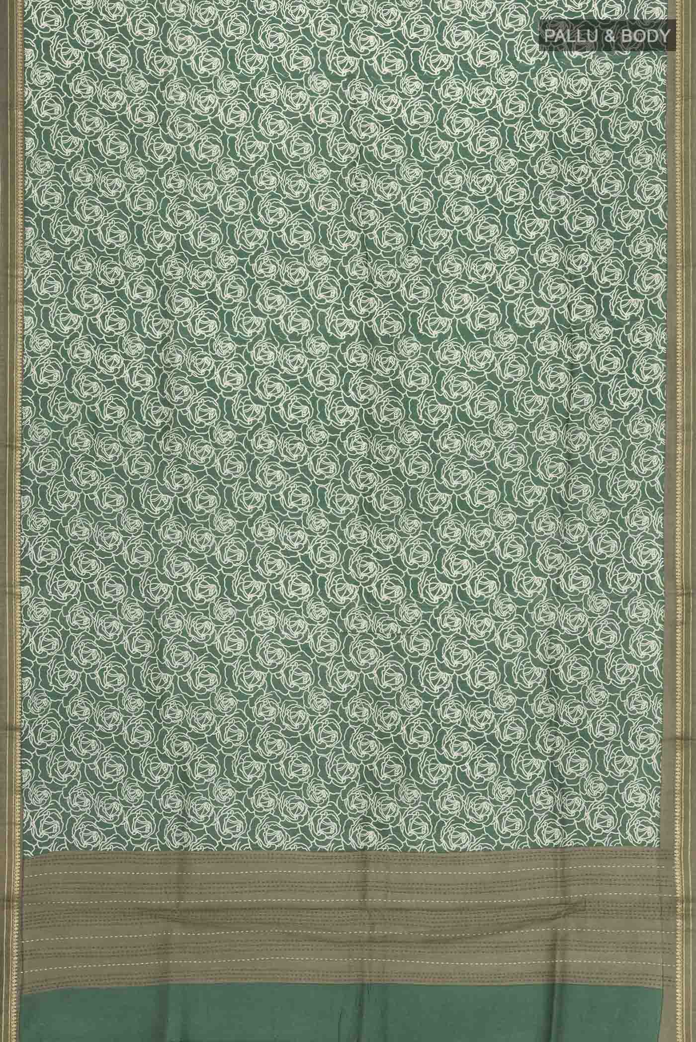 Flat view of Green Tussar Silk Saree with Printed design on the body and Zari Border