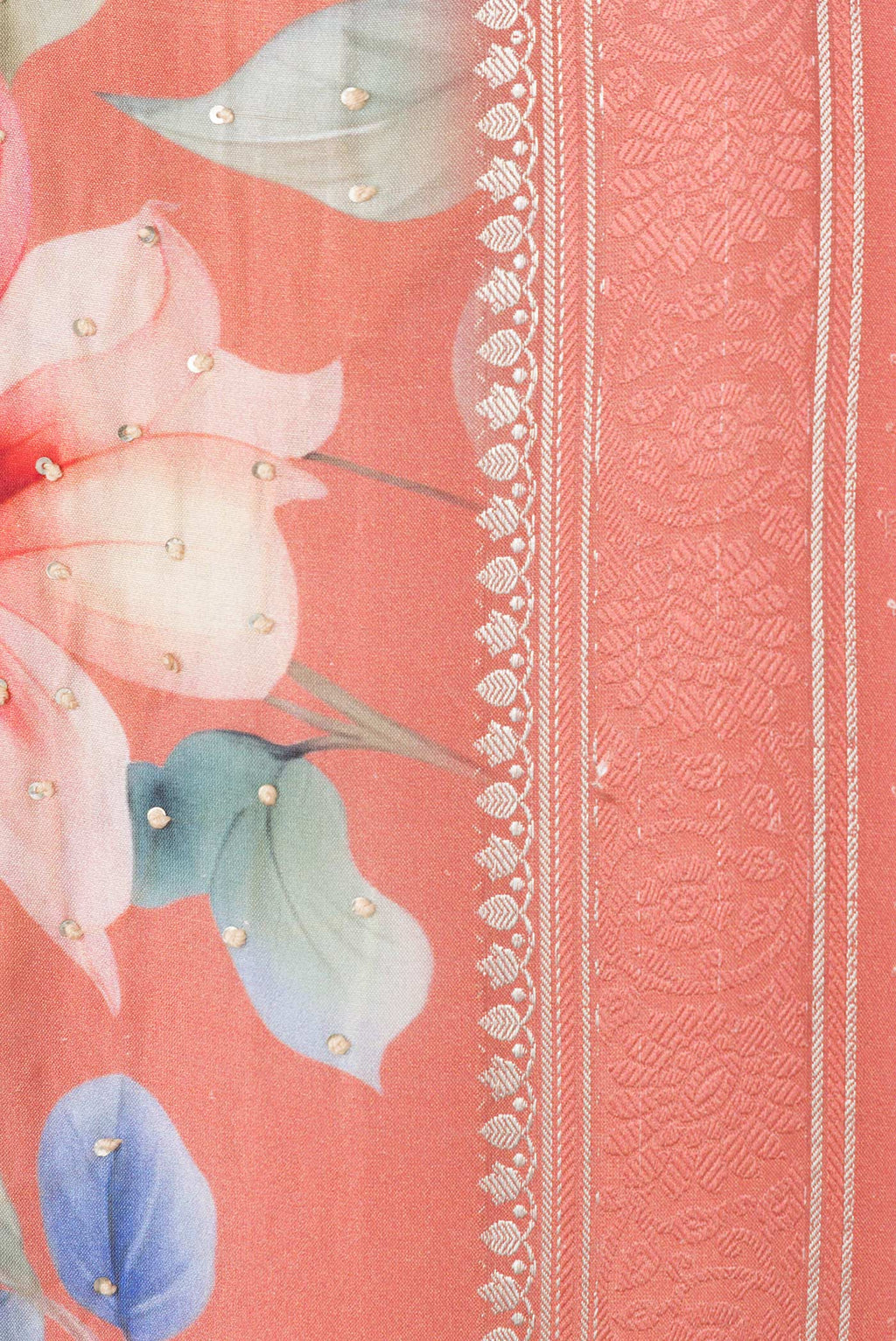 Border image of Peach Dual Tone Tussar Silk Saree with Embroidery on the body and Zari And Thread Border. 
