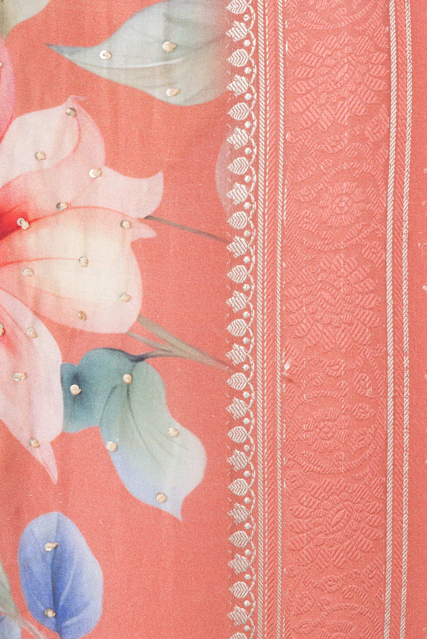 Border image of Peach Dual Tone Tussar Silk Saree with Embroidery on the body and Zari And Thread Border. 