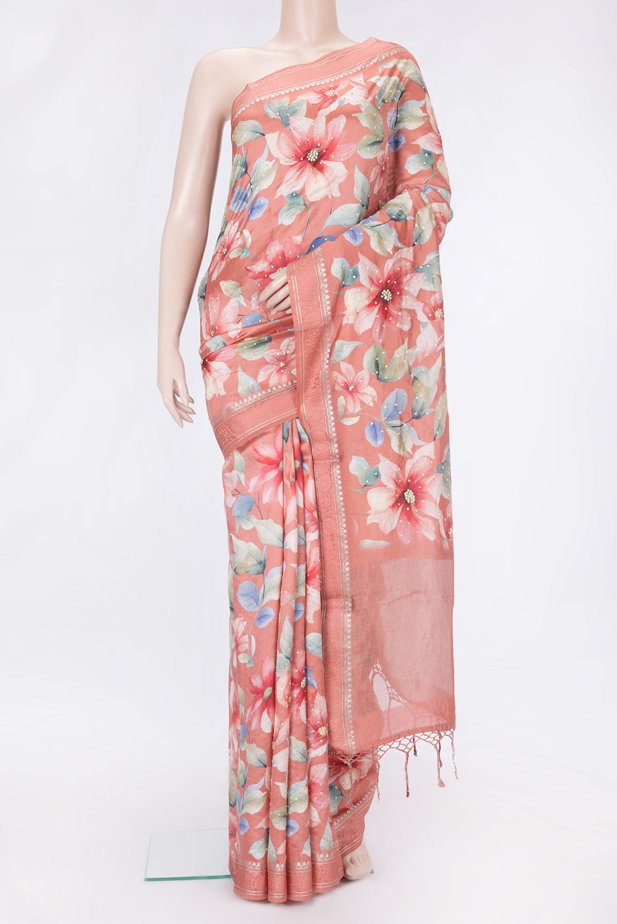 Peach Dual Tone Tussar Silk Saree with Embroidery on the body and Zari And Thread Border.  displayed on a mannequin