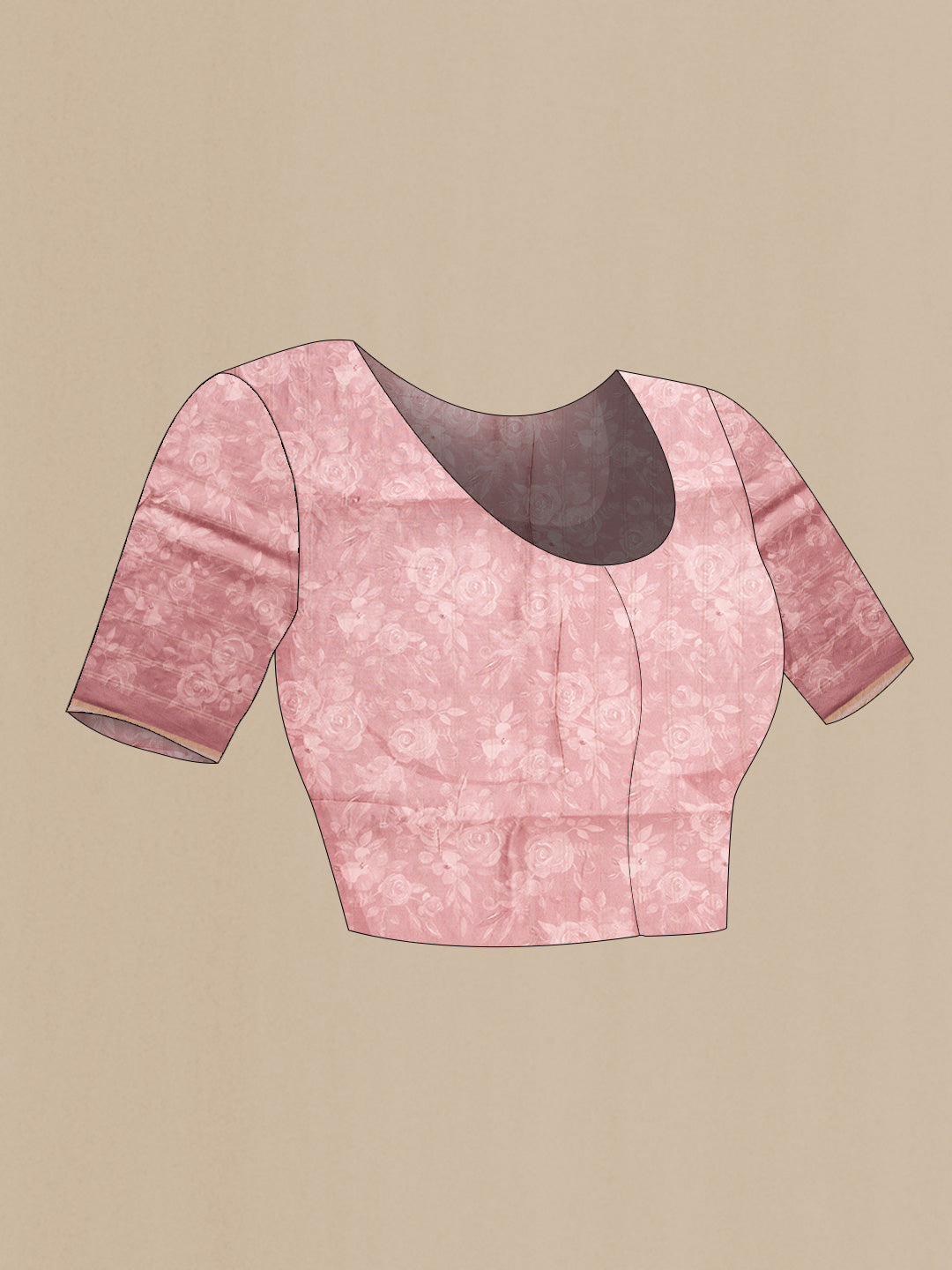 Close up image of the blouse of Pink Dual Tone Tussar Silk Saree with Printed design on the body and Plain Border