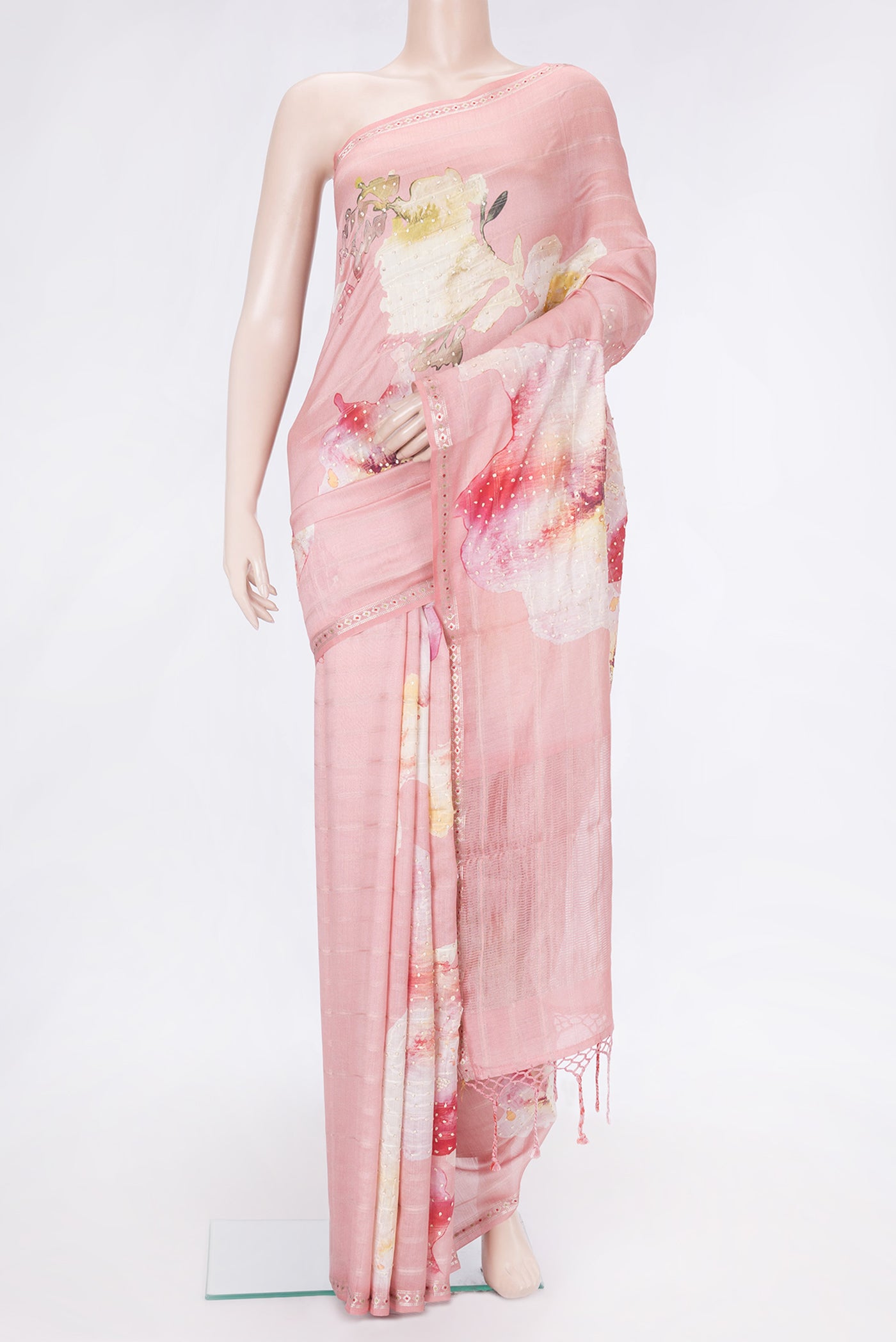 Pink Dual Tone Tussar Silk Saree with Embroidery on the body and Zari Border.  displayed on a mannequin