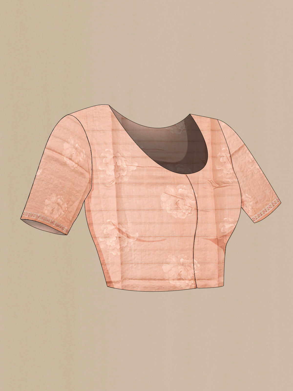 Close up image of the blouse of Peach Tussar Silk Saree with Zari Butta on the body and Zari Border