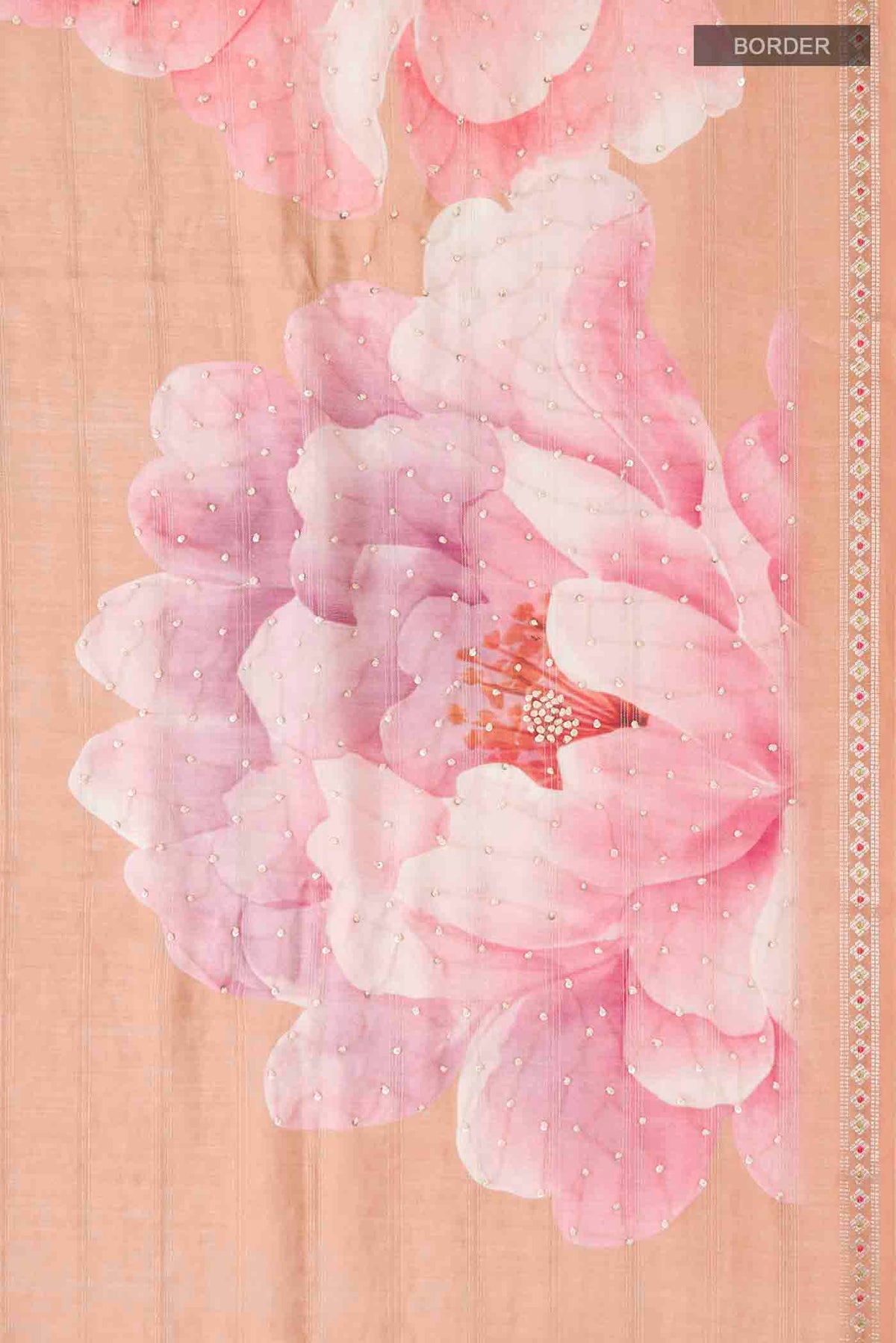 Border image of Peach Tussar Silk Saree with Zari Butta on the body and Zari Border