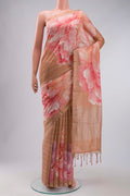 Peach Tussar Silk Saree with Zari Butta on the body and Zari Border displayed on a mannequin
