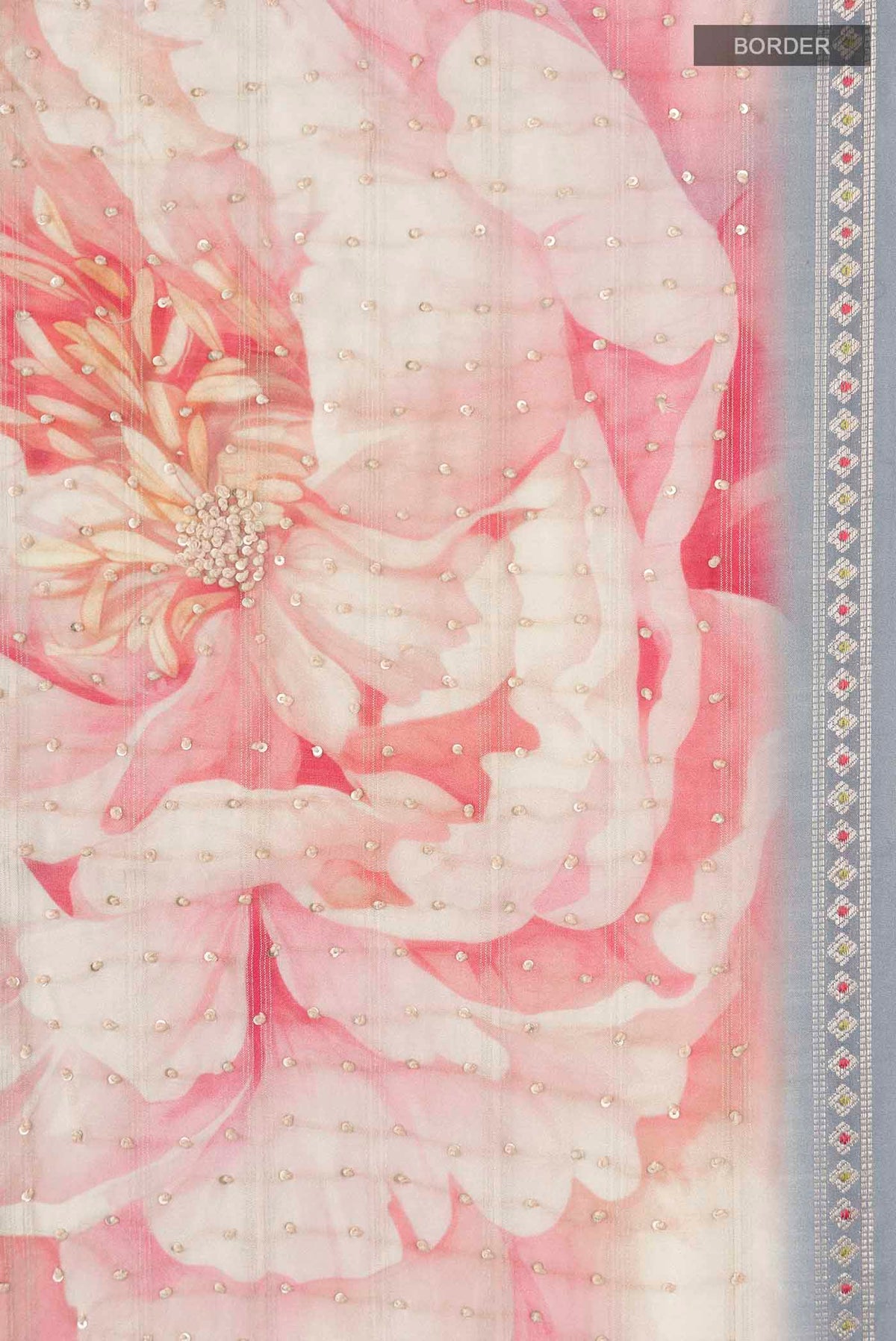 Border image of Grey Tussar Silk Saree with Embroidery on the body and Zari Border