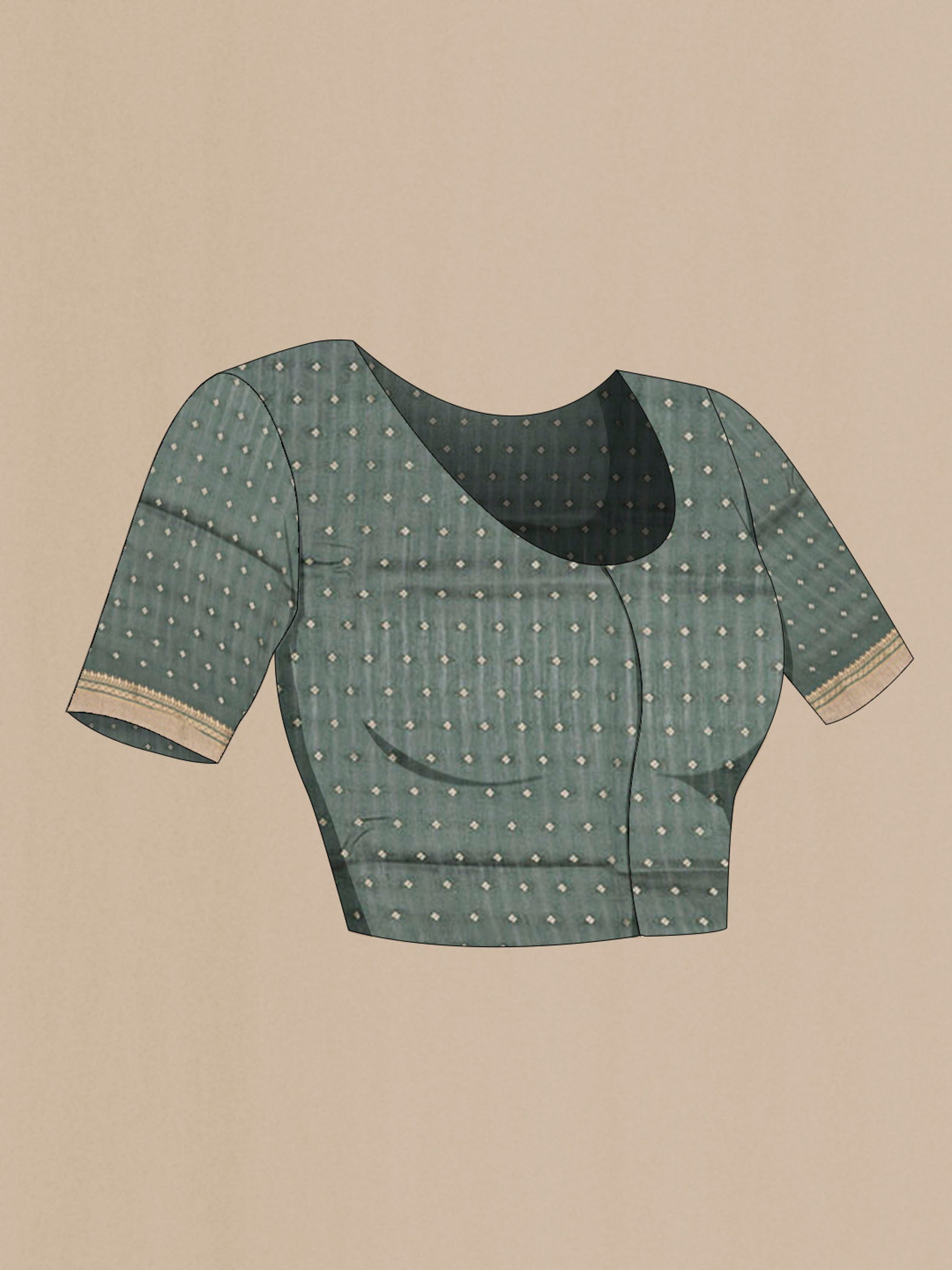 Close up image of the blouse of Blue Bhagalpuri Tussar Silk Saree with Printed design on the body and Zari Border