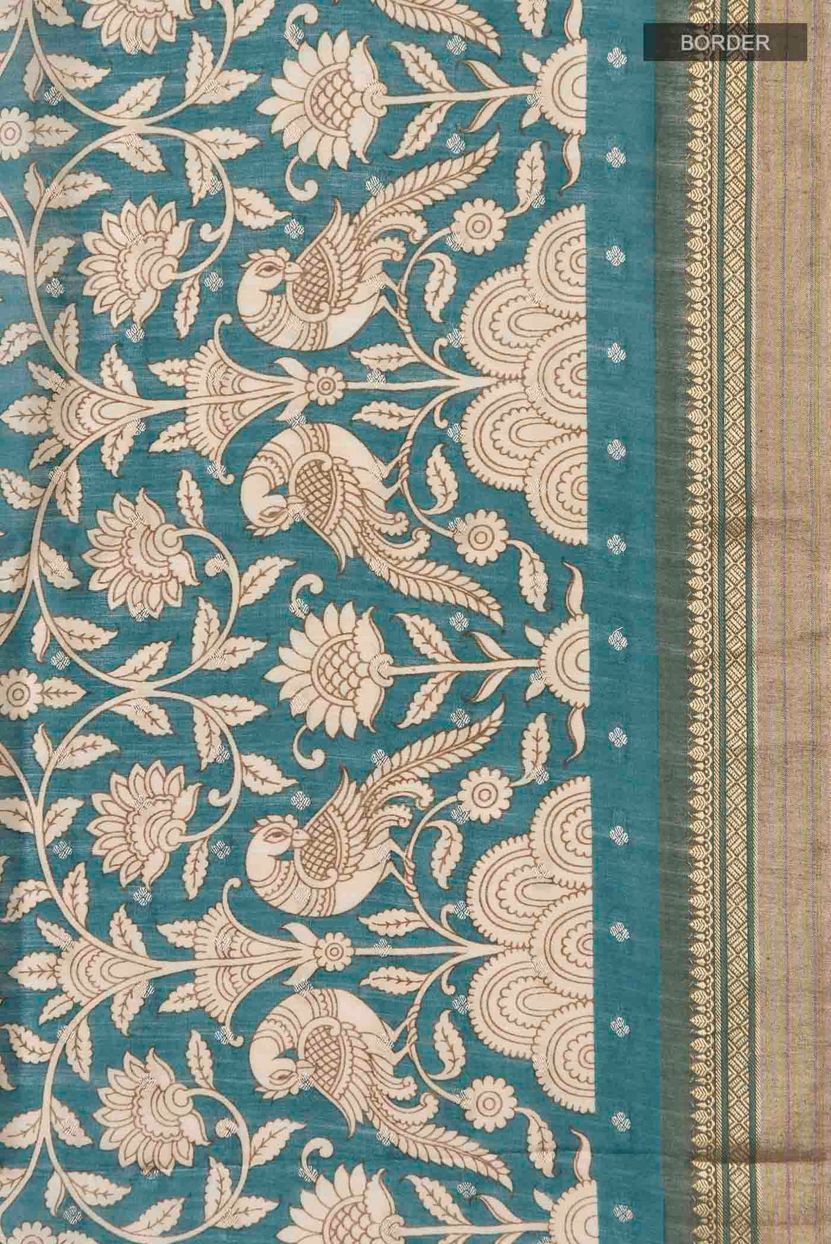Border image of Blue Bhagalpuri Tussar Silk Saree with Printed design on the body and Zari Border
